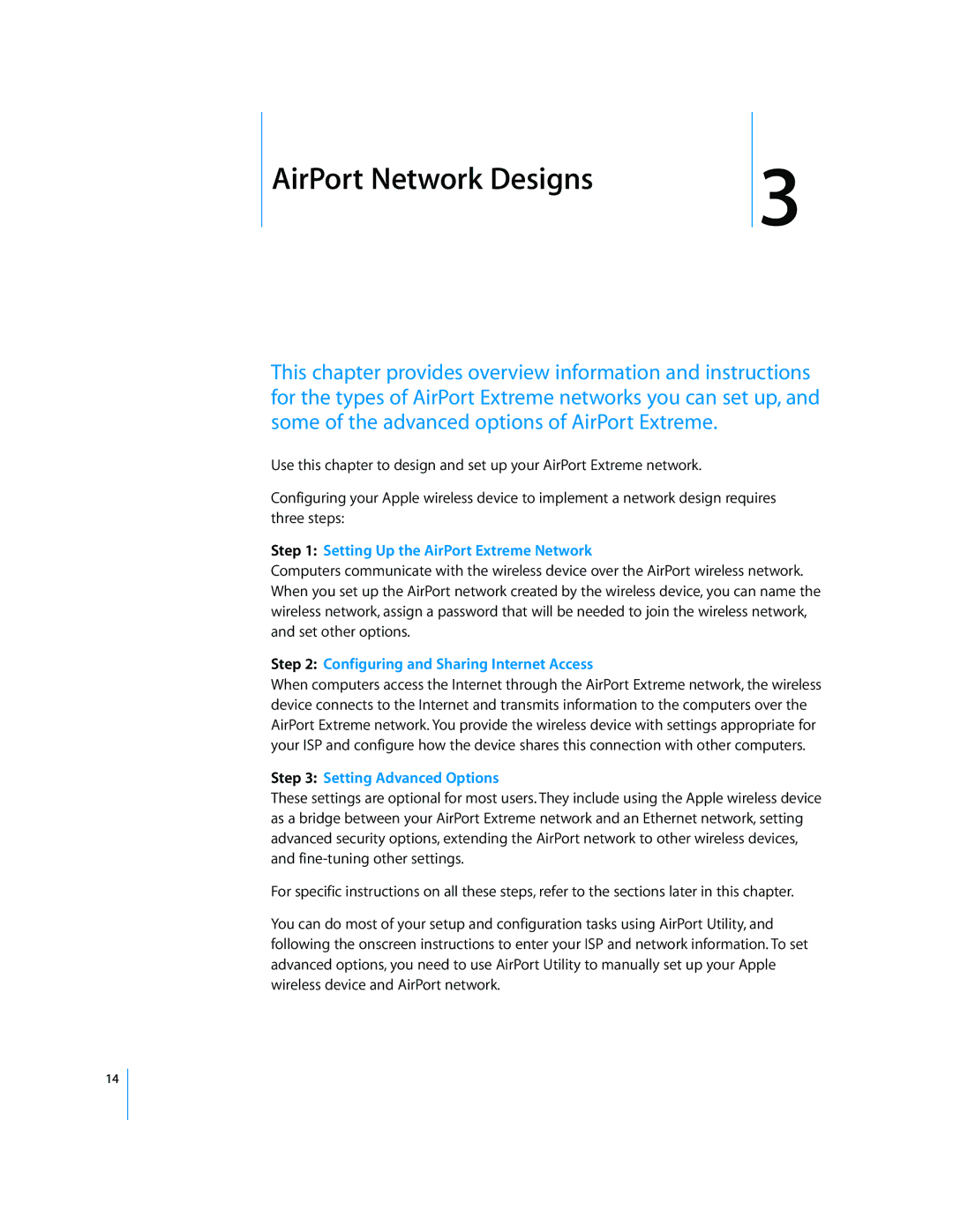 Apple AirPort Networks manual Setting Up the AirPort Extreme Network, Configuring and Sharing Internet Access 