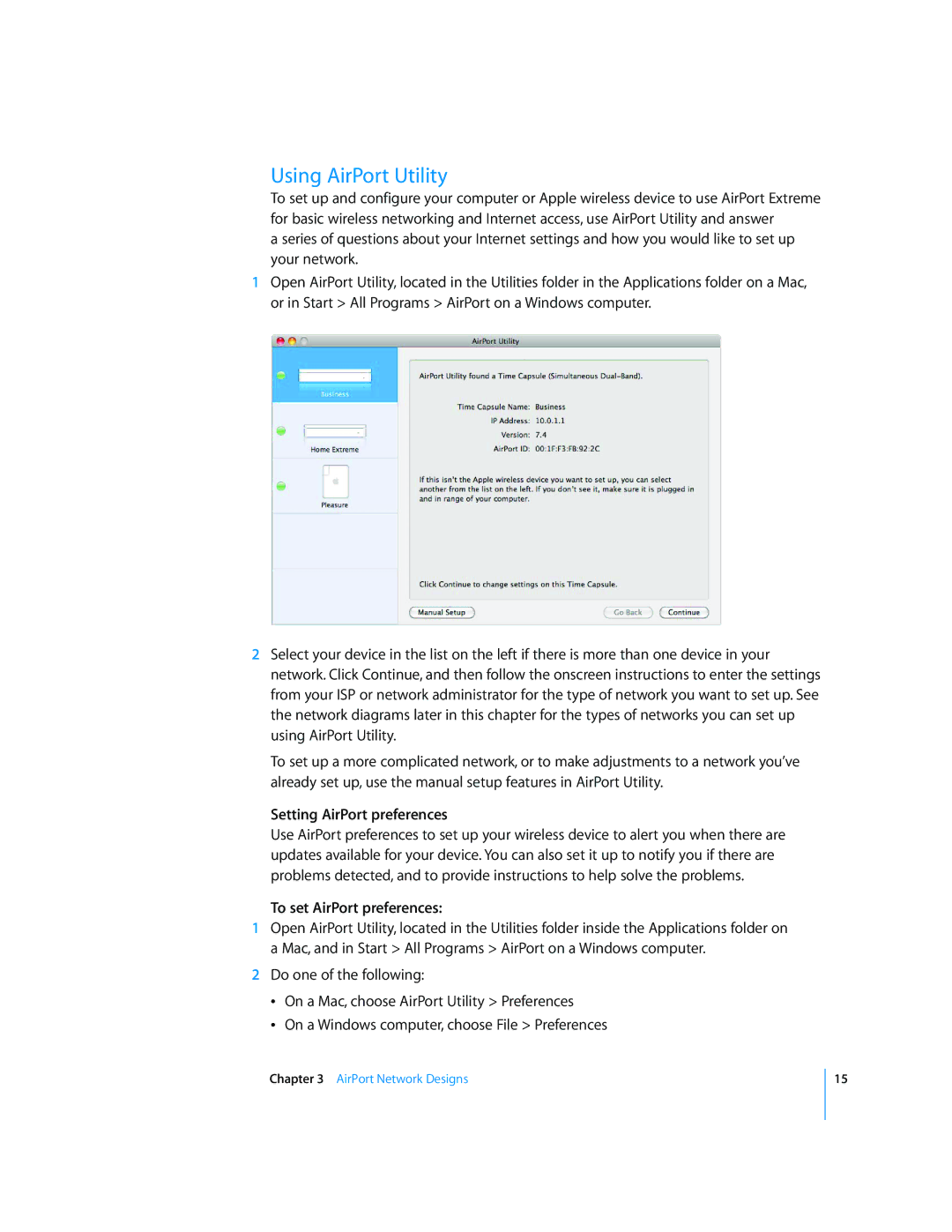 Apple AirPort Networks manual Using AirPort Utility, Setting AirPort preferences, To set AirPort preferences 