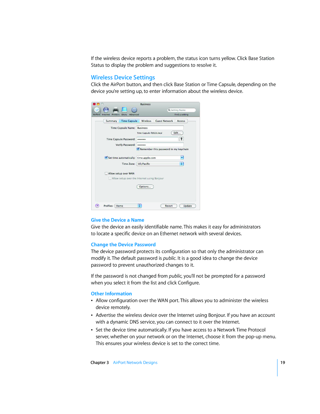 Apple AirPort Networks Wireless Device Settings, Give the Device a Name, Change the Device Password, Other Information 