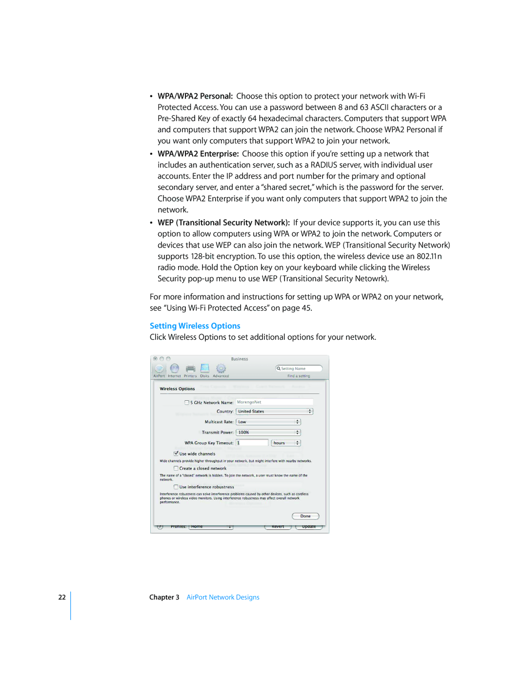 Apple AirPort Networks manual Setting Wireless Options 