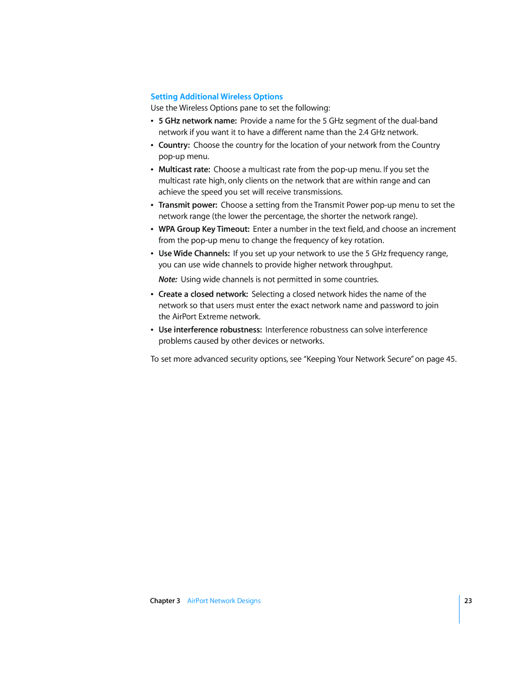 Apple AirPort Networks manual Setting Additional Wireless Options, Use the Wireless Options pane to set the following 