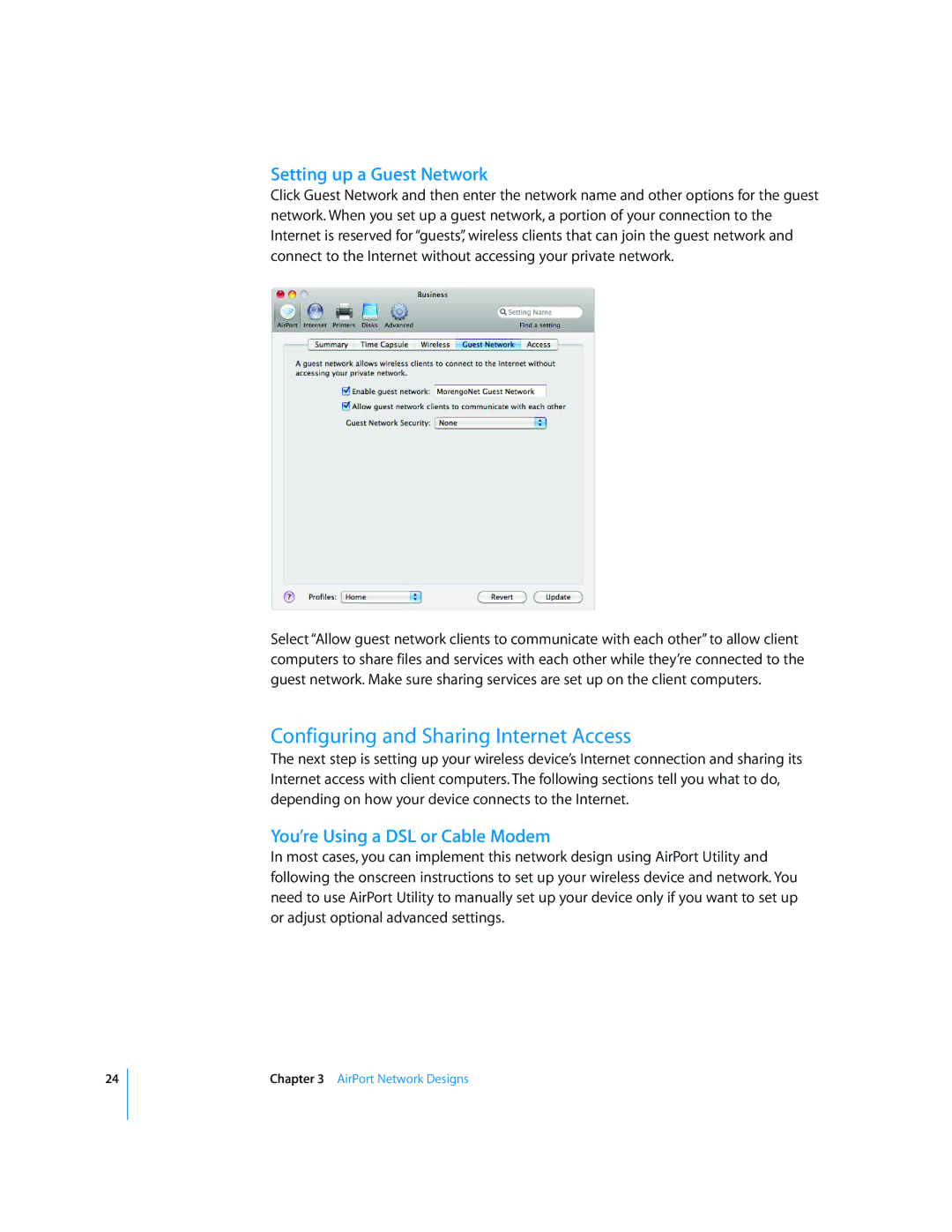 Apple AirPort Networks manual Configuring and Sharing Internet Access, Setting up a Guest Network 