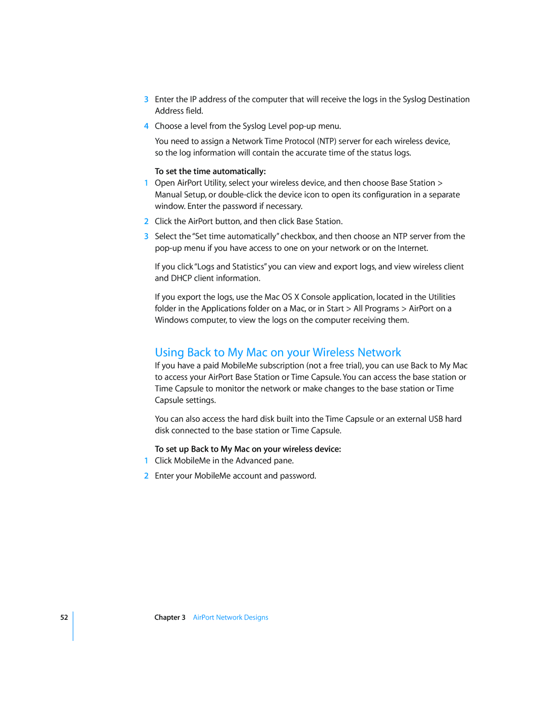 Apple AirPort Networks manual Using Back to My Mac on your Wireless Network, To set the time automatically 