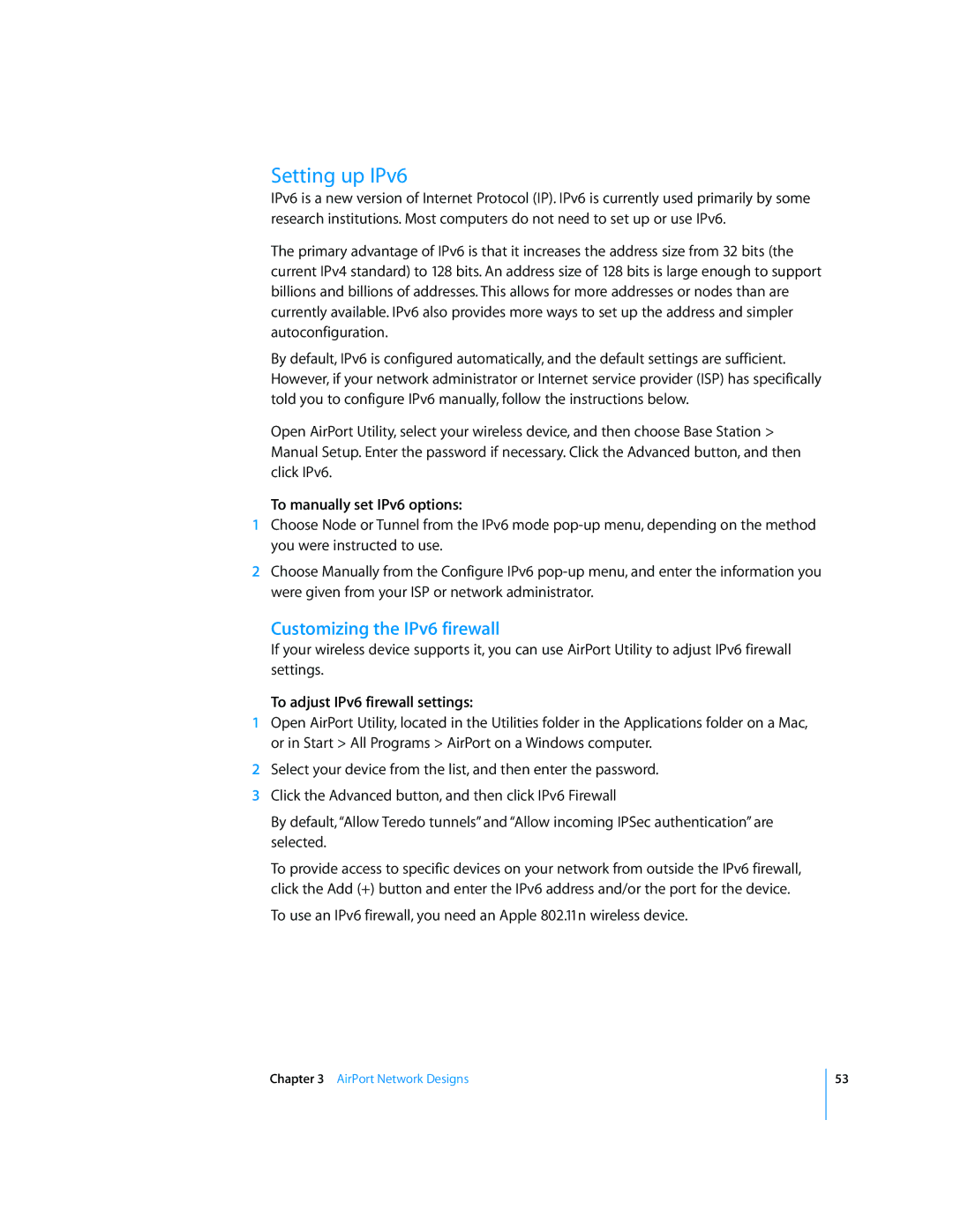 Apple AirPort Networks Setting up IPv6, Customizing the IPv6 firewall, To manually set IPv6 options 