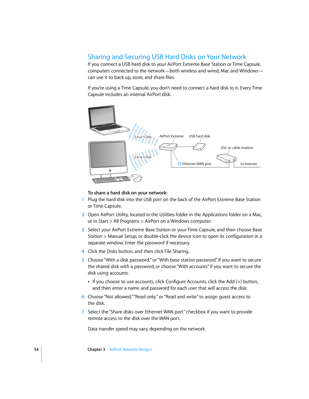 Apple AirPort Networks manual Sharing and Securing USB Hard Disks on Your Network, To share a hard disk on your network 