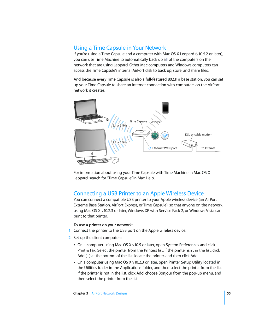 Apple AirPort Networks manual Using a Time Capsule in Your Network, Connecting a USB Printer to an Apple Wireless Device 