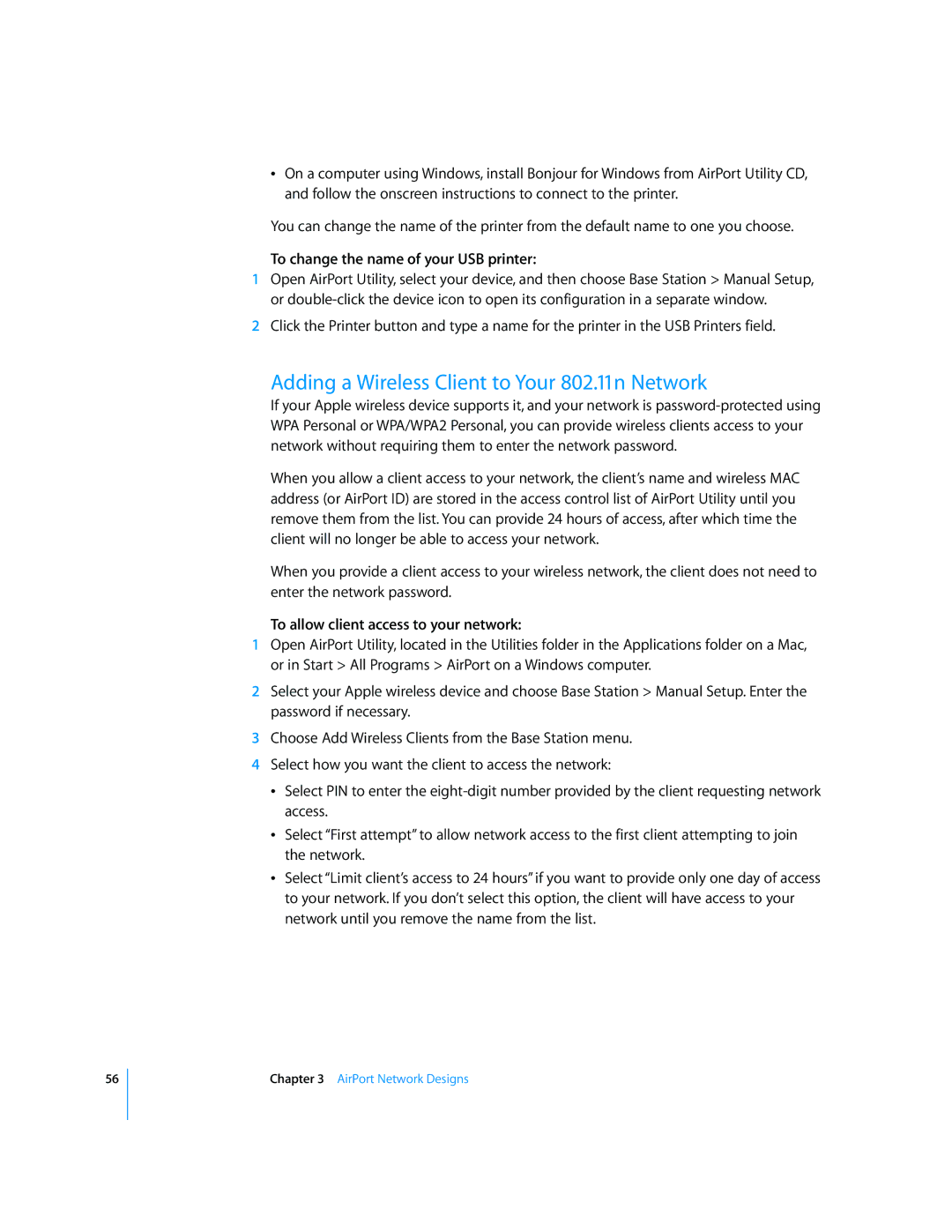 Apple AirPort Networks manual Adding a Wireless Client to Your 802.11n Network, To change the name of your USB printer 