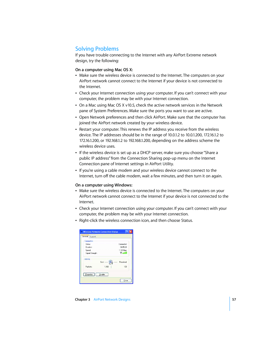 Apple AirPort Networks manual Solving Problems, On a computer using Mac OS, On a computer using Windows 