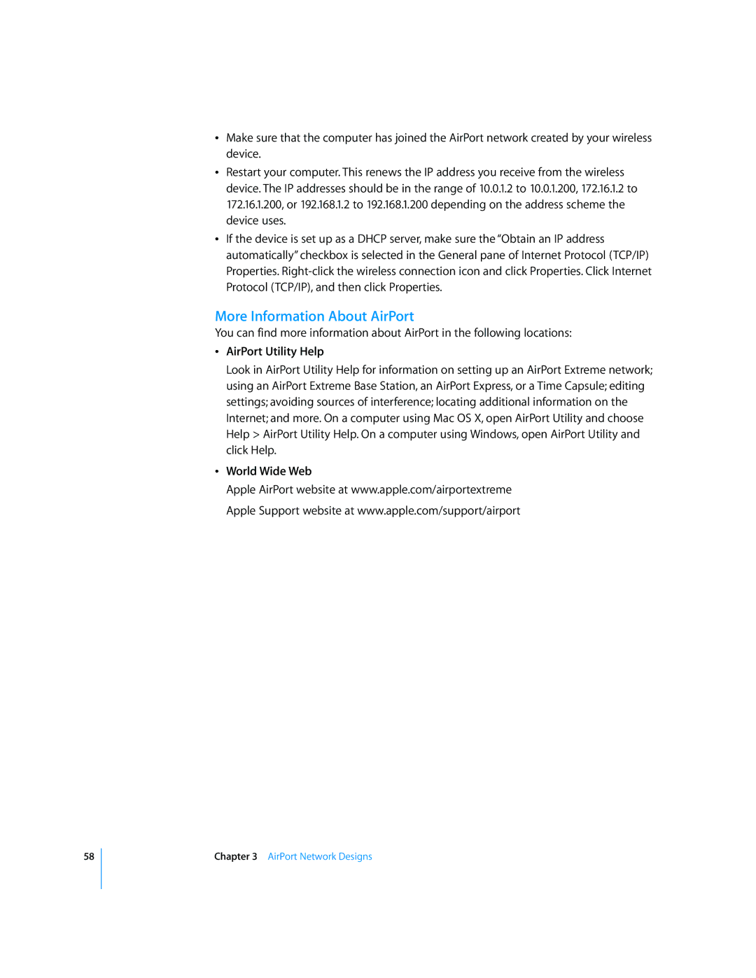 Apple AirPort Networks manual More Information About AirPort, AirPort Utility Help, World Wide Web 
