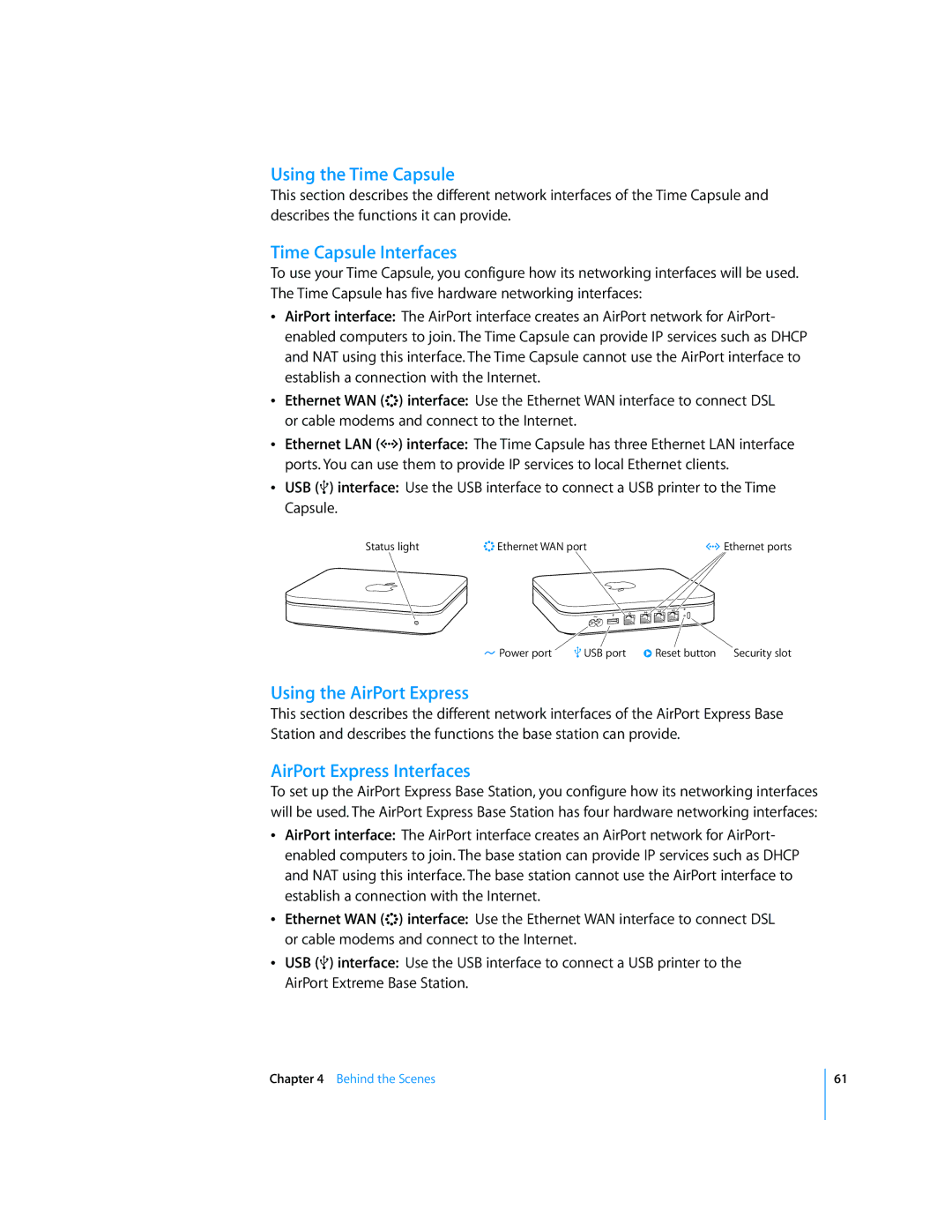 Apple AirPort Networks manual Using the Time Capsule, Time Capsule Interfaces, Using the AirPort Express 