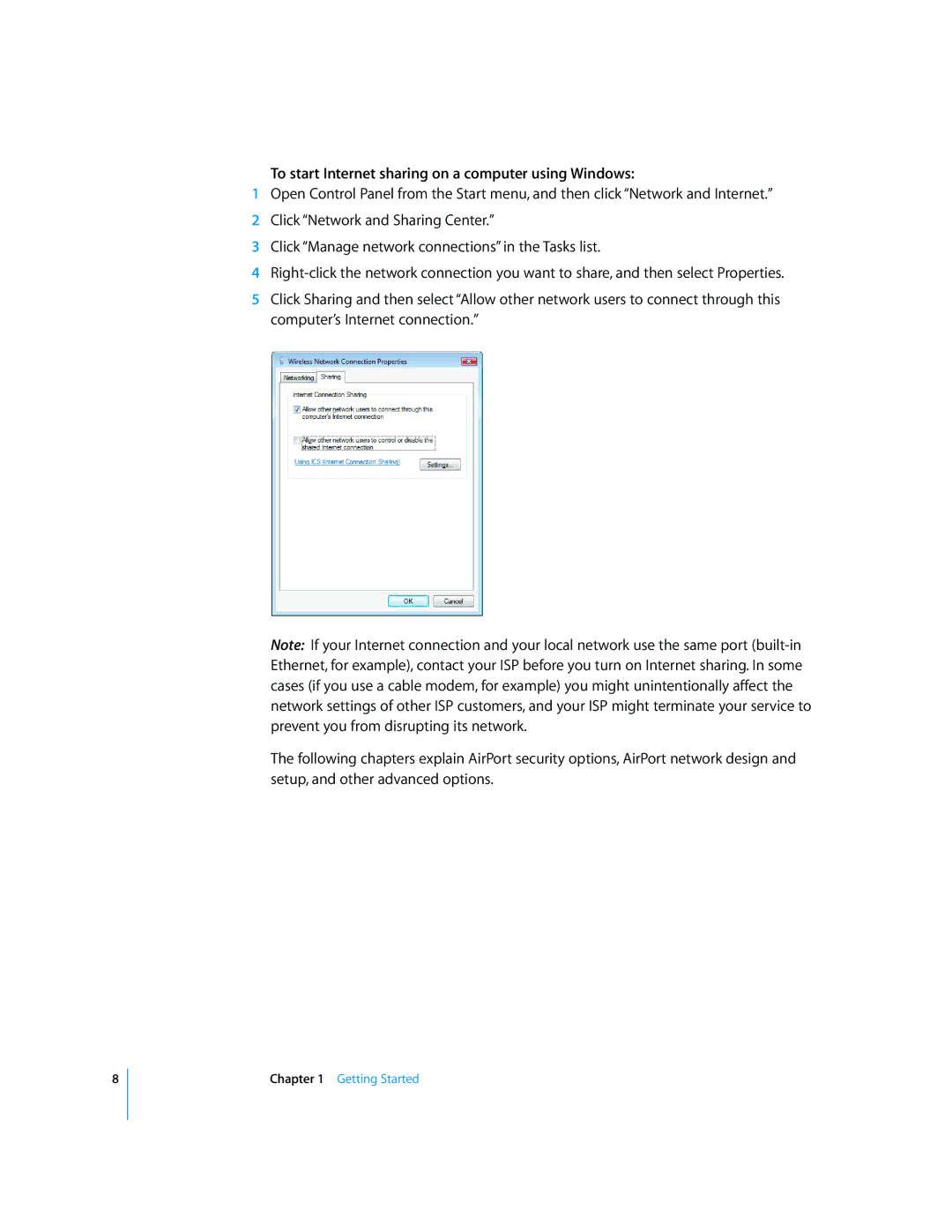 Apple AirPort Networks manual To start Internet sharing on a computer using Windows 