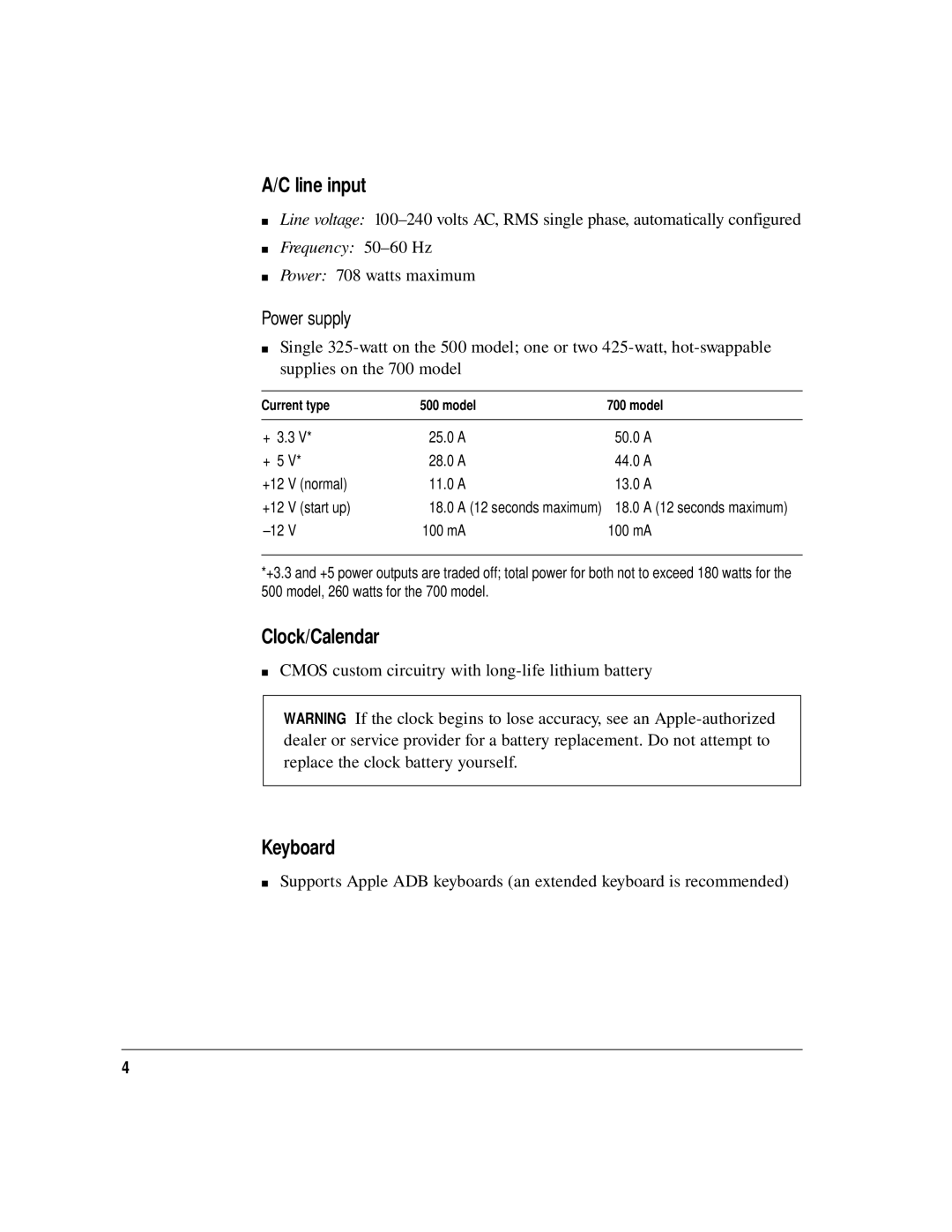 Apple aix appletalk services technical specifications Line input, Clock/Calendar, Keyboard, Power supply 