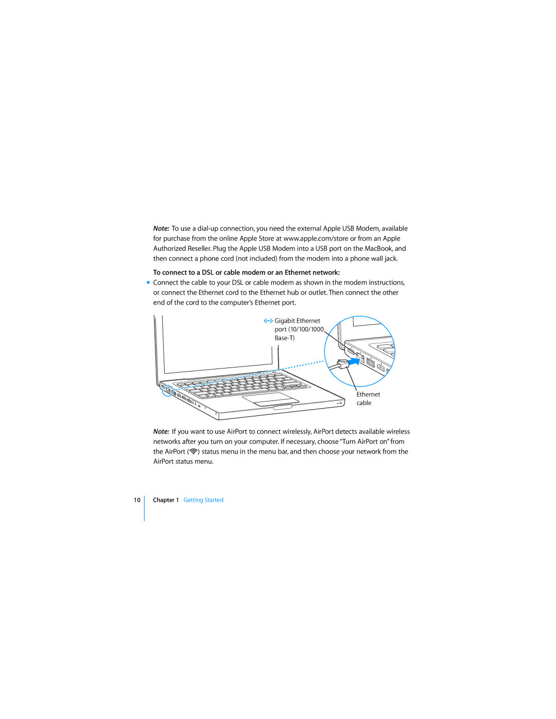 Apple APLLE MACBOOK manual To connect to a DSL or cable modem or an Ethernet network 