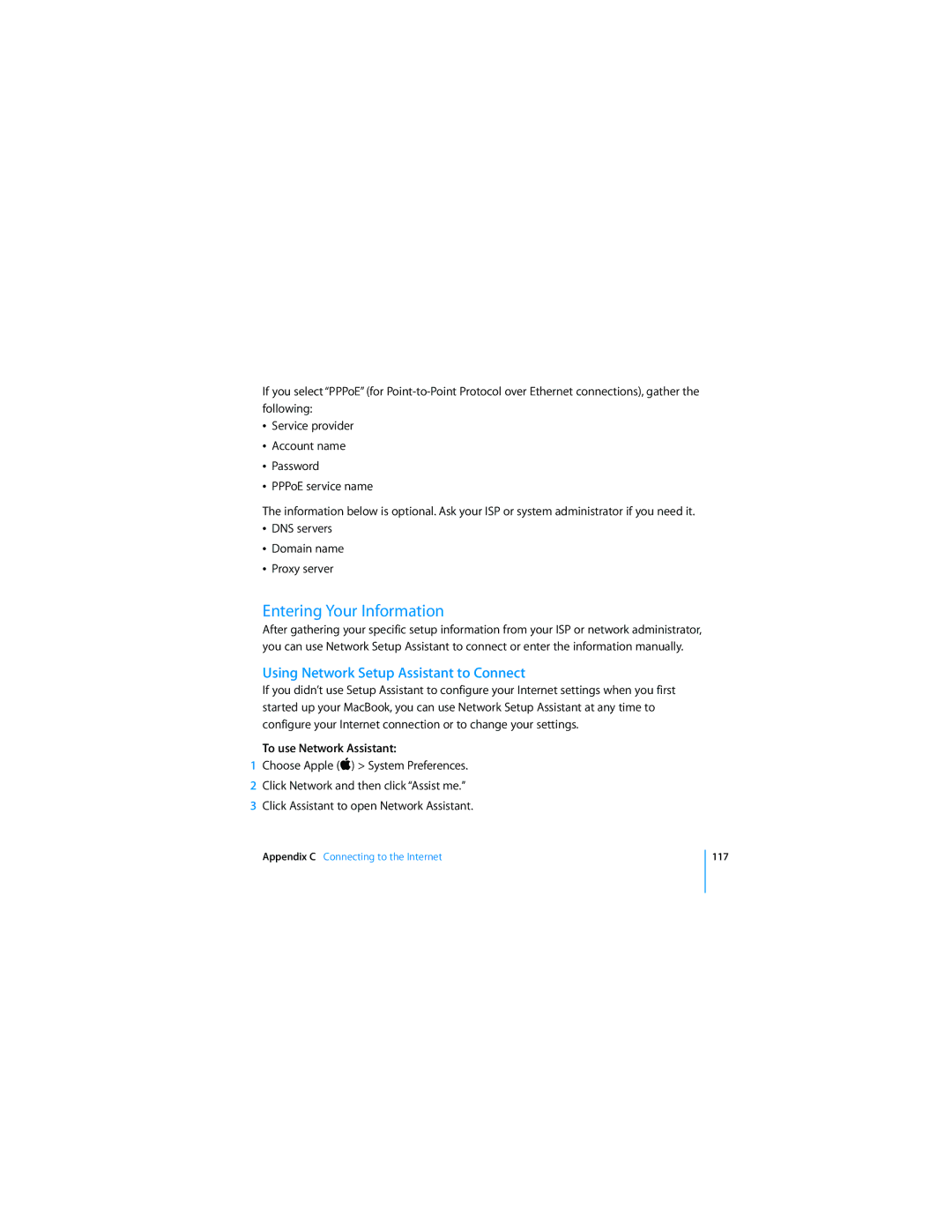 Apple APLLE MACBOOK Entering Your Information, Using Network Setup Assistant to Connect, To use Network Assistant, 117 