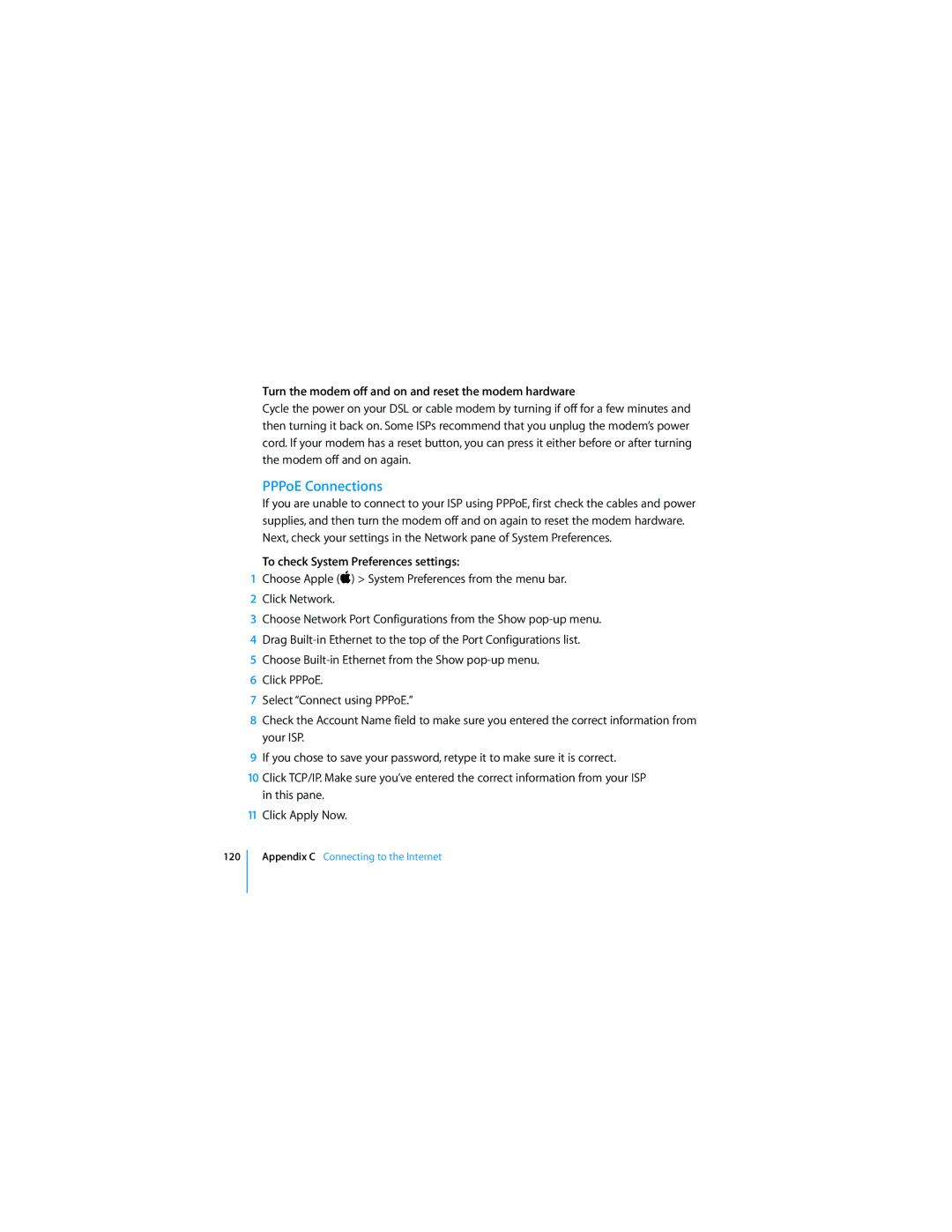 Apple APLLE MACBOOK manual PPPoE Connections, Turn the modem off and on and reset the modem hardware 