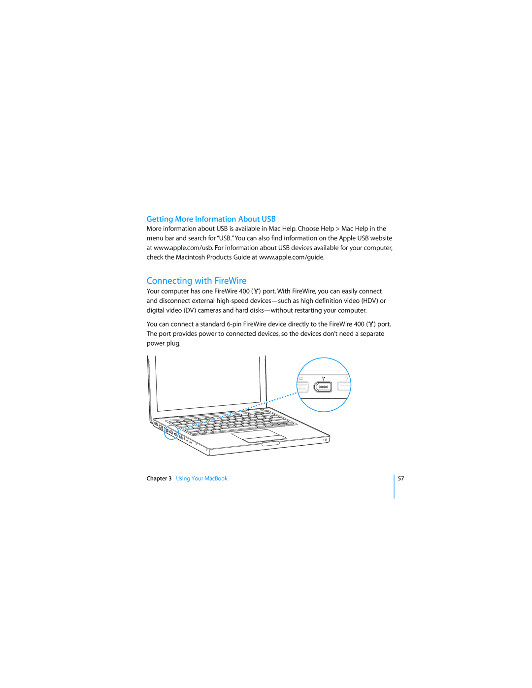 Apple APLLE MACBOOK manual Connecting with FireWire, Getting More Information About USB 