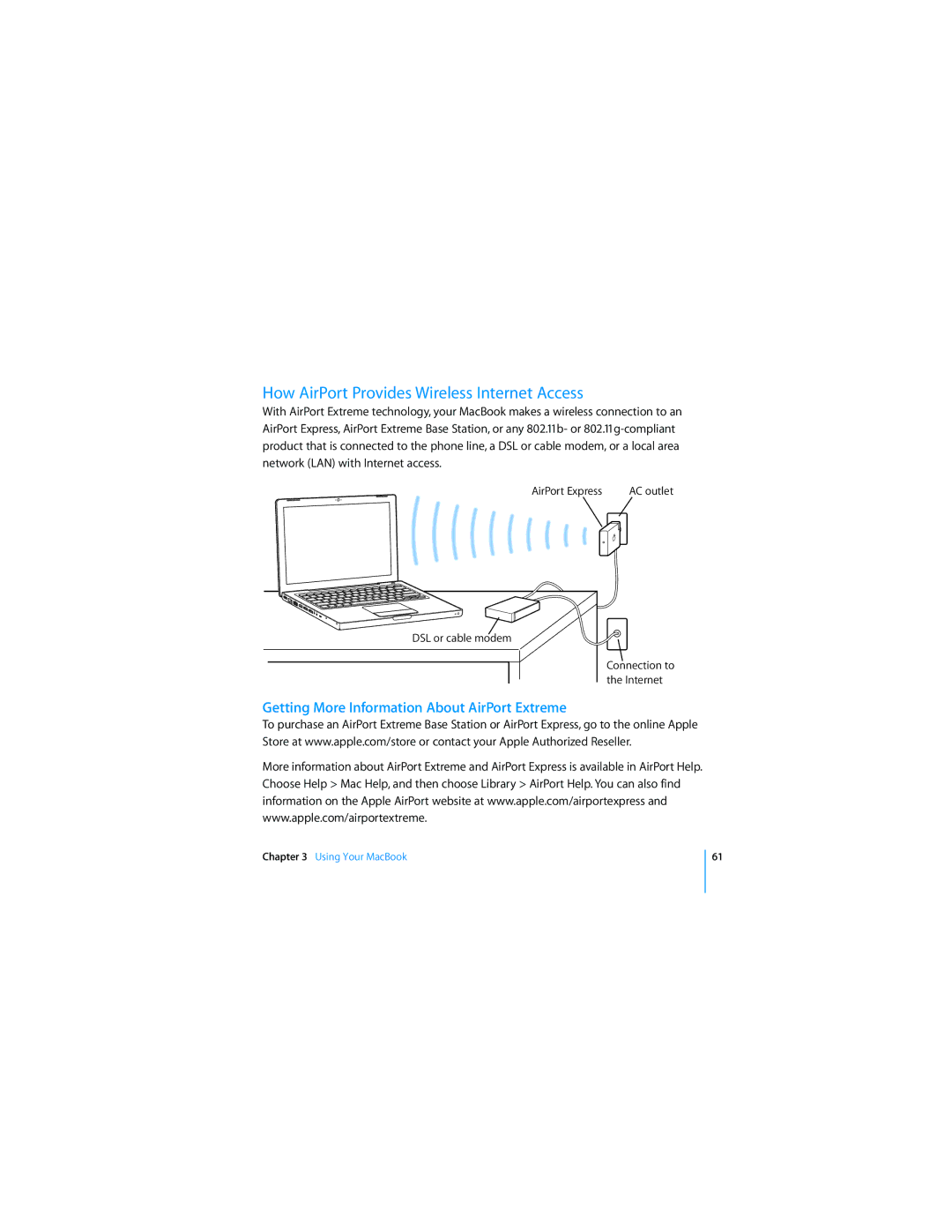 Apple APLLE MACBOOK manual How AirPort Provides Wireless Internet Access, Getting More Information About AirPort Extreme 