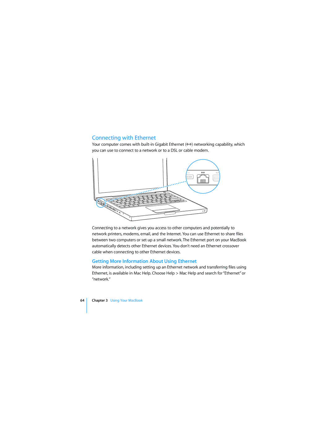 Apple APLLE MACBOOK manual Connecting with Ethernet, Getting More Information About Using Ethernet 