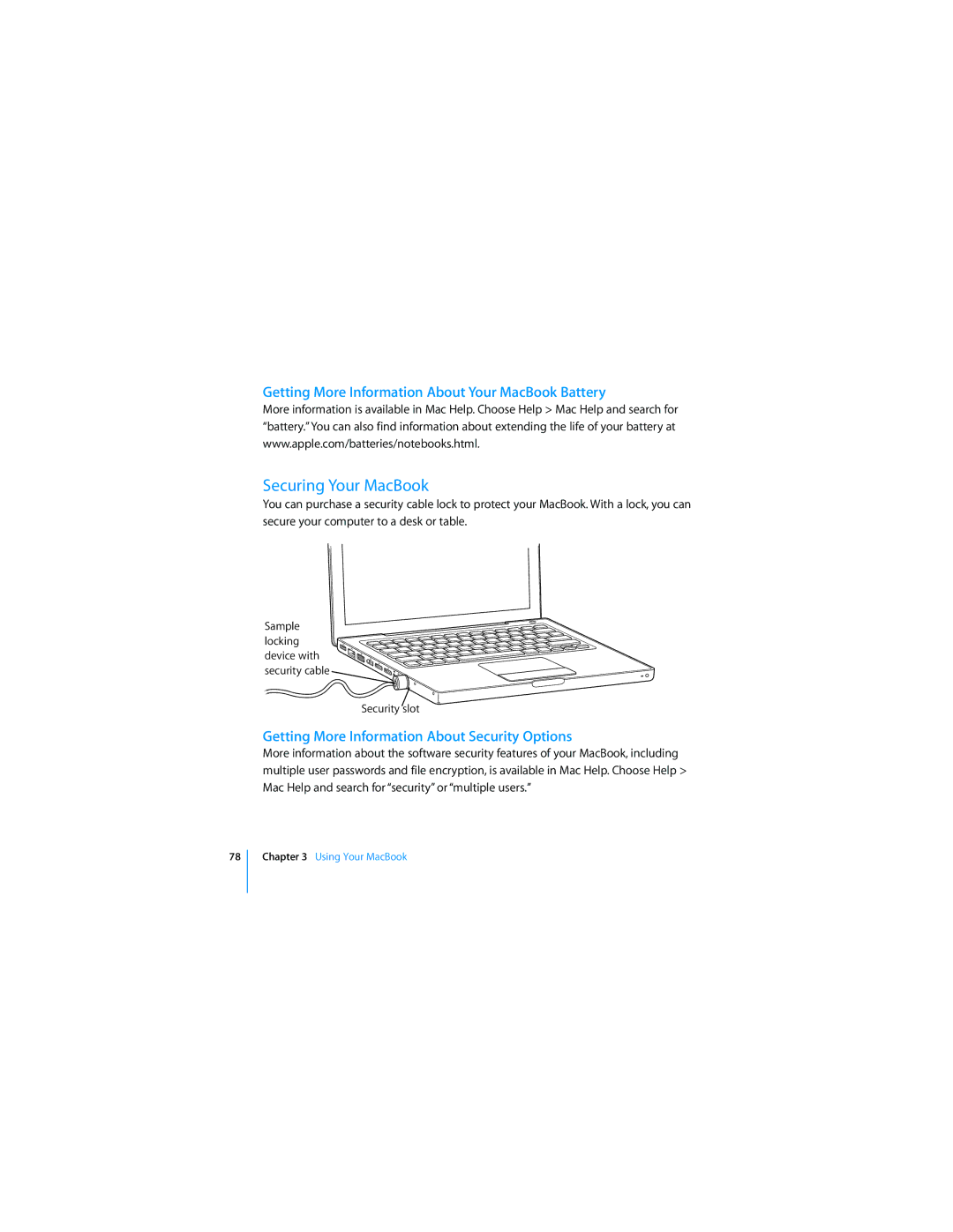 Apple APLLE MACBOOK manual Securing Your MacBook, Getting More Information About Your MacBook Battery 