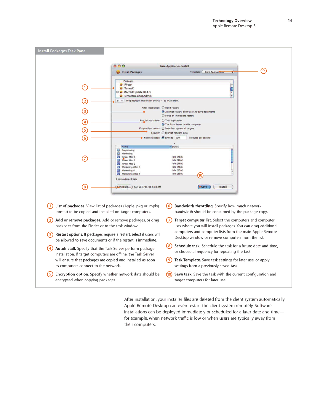 Apple ARD31 manual Technology Overview Apple Remote Desktop, Install Packages Task Pane 