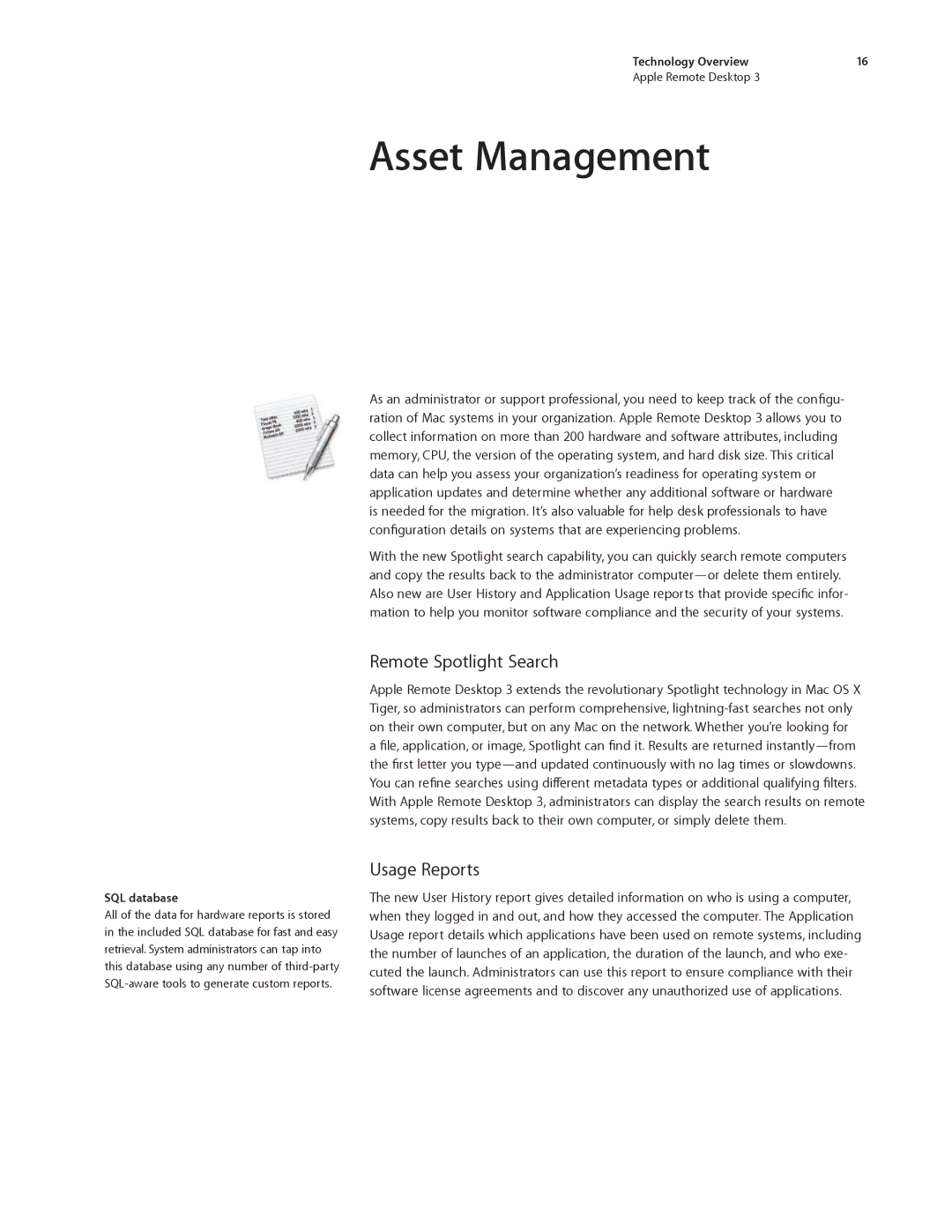 Apple ARD31 manual Asset Management, Remote Spotlight Search, Usage Reports, SQL database 