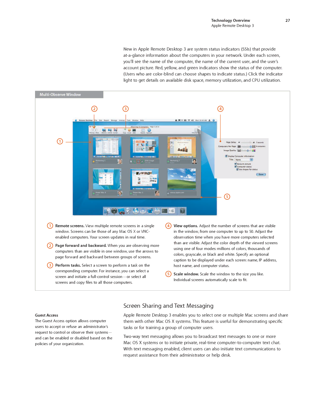 Apple ARD31 manual Screen Sharing and Text Messaging, Multi-Observe Window, Guest Access 