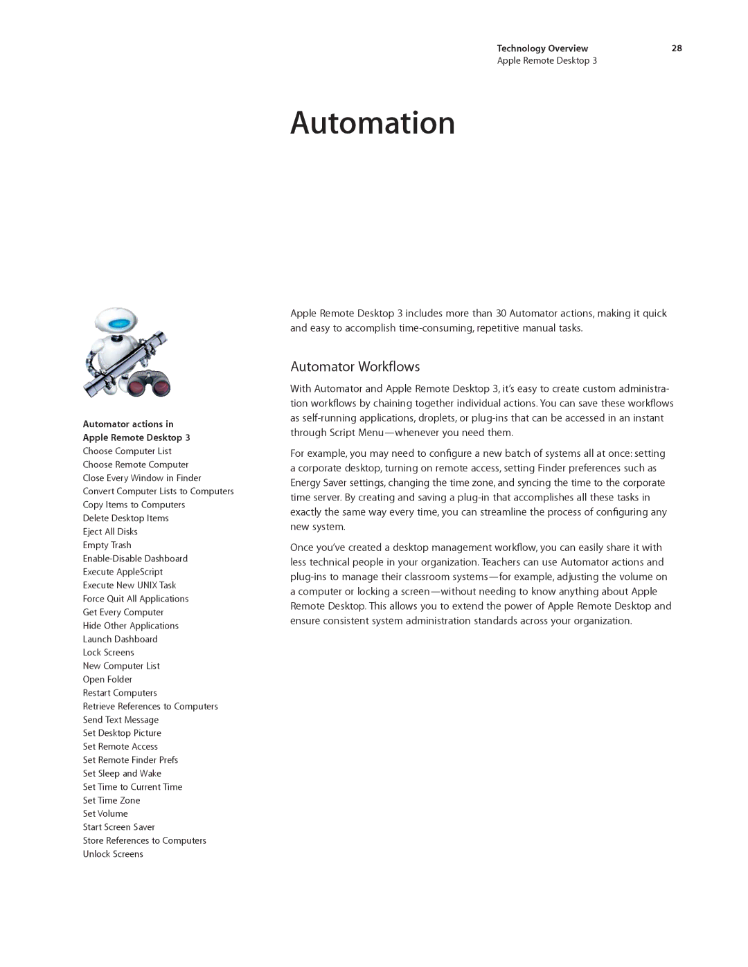 Apple ARD31 manual Automation, Automator Workflows, Automator actions Apple Remote Desktop 