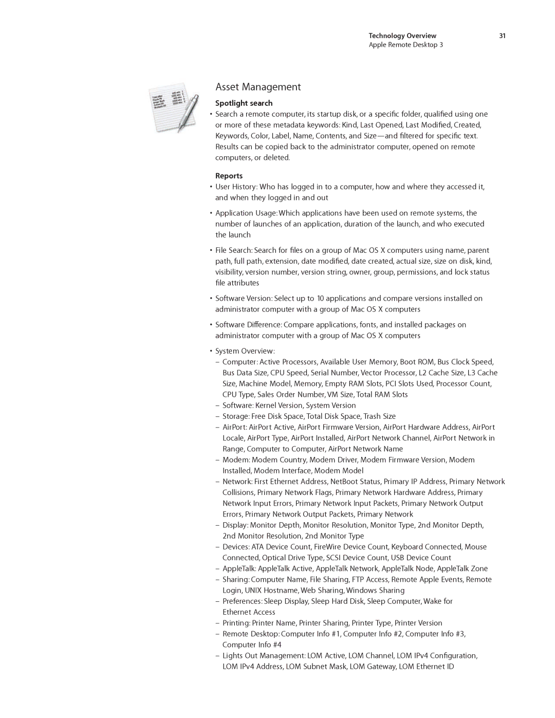 Apple ARD31 manual Asset Management, Spotlight search, Reports 