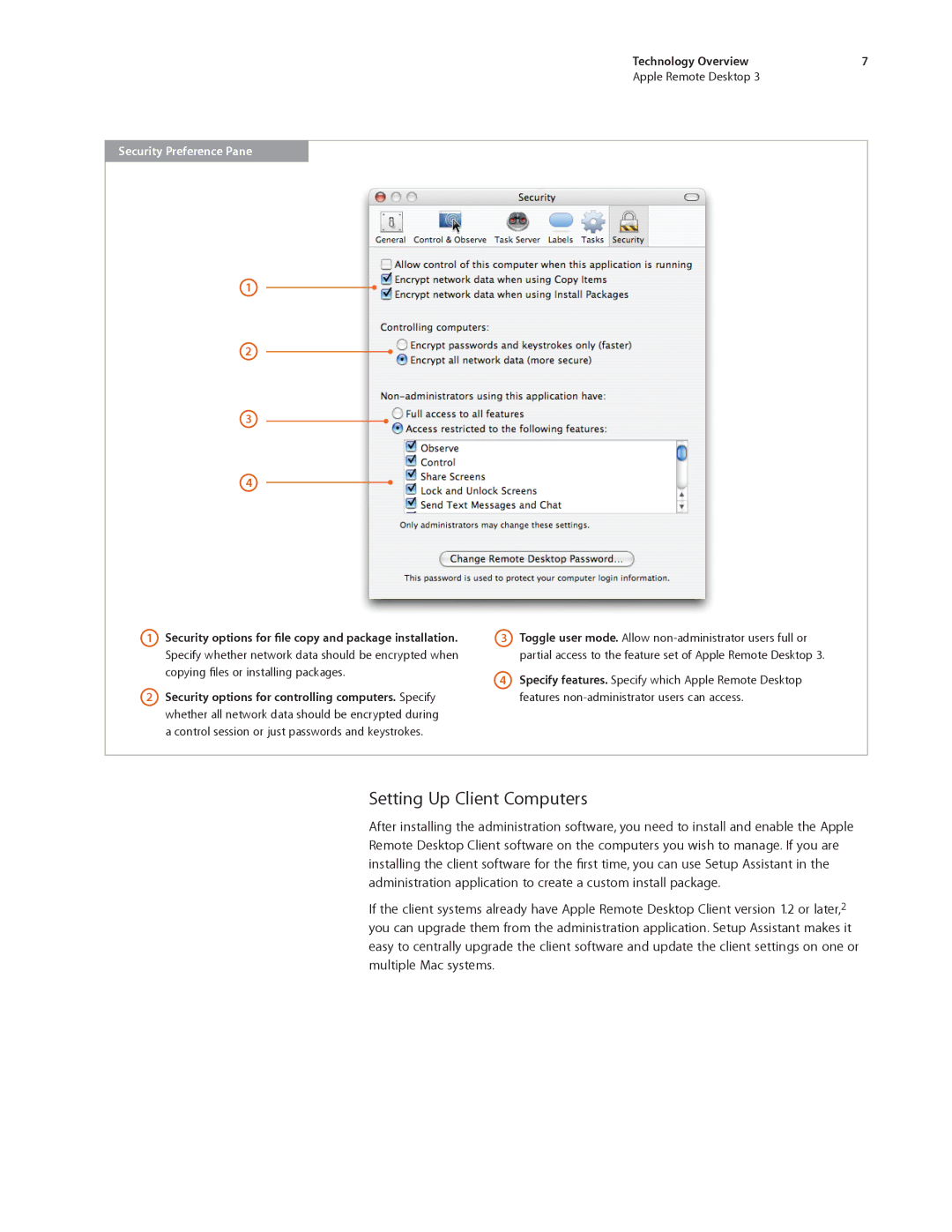 Apple ARD31 manual Setting Up Client Computers, Technology Overview Apple Remote Desktop, Security Preference Pane 