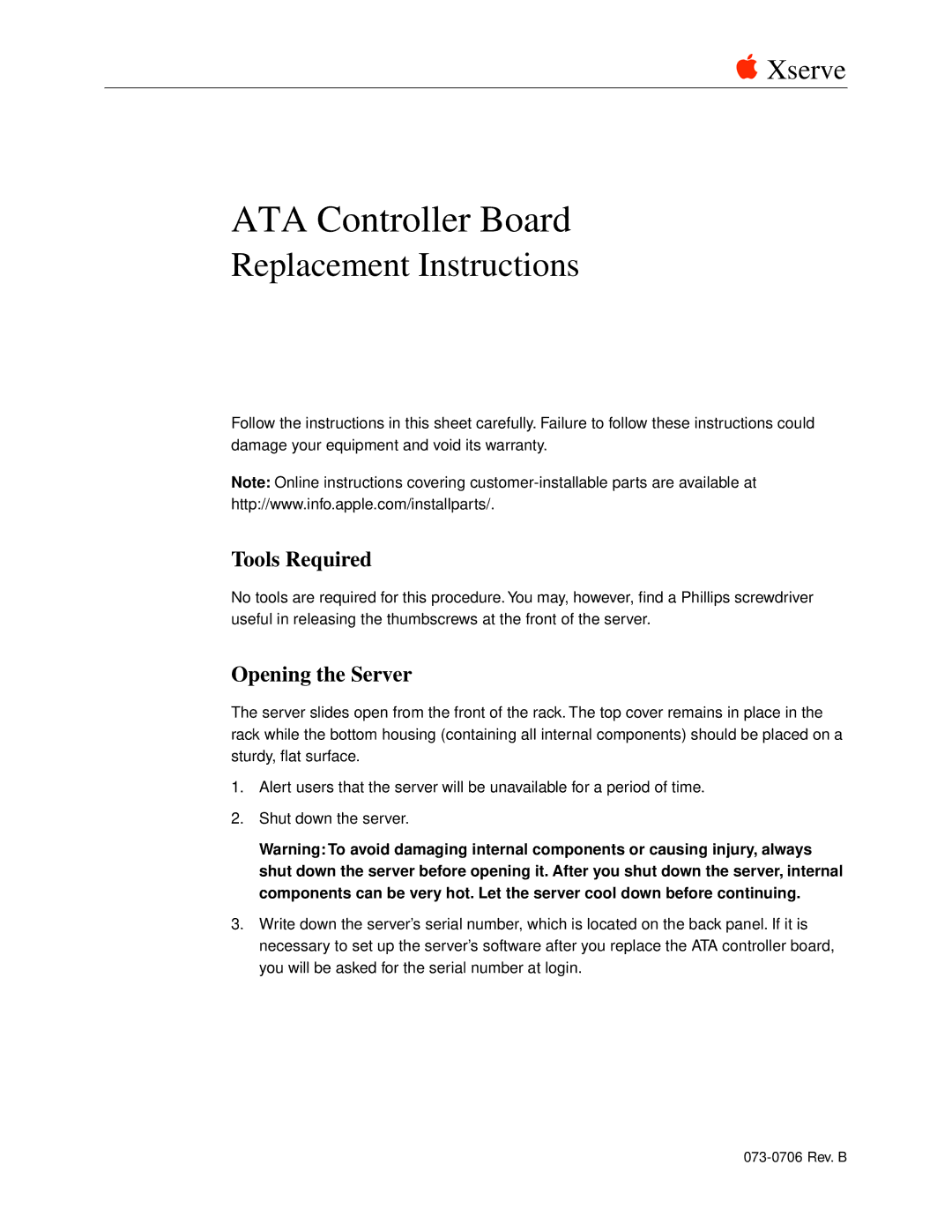 Apple ATA Controller Board warranty Tools Required, Opening the Server 