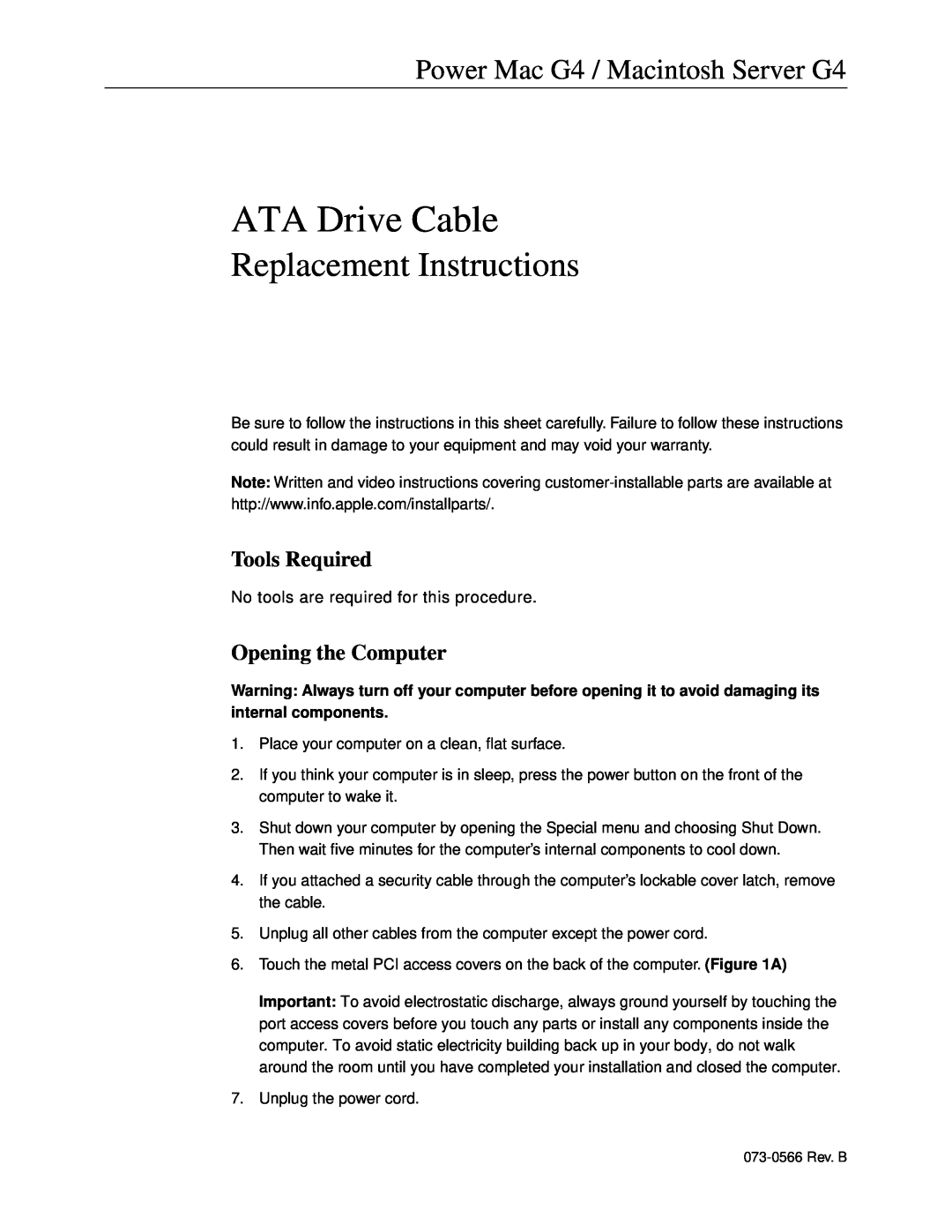 Apple ATA Drive Cable warranty Tools Required, Opening the Computer, Replacement Instructions 