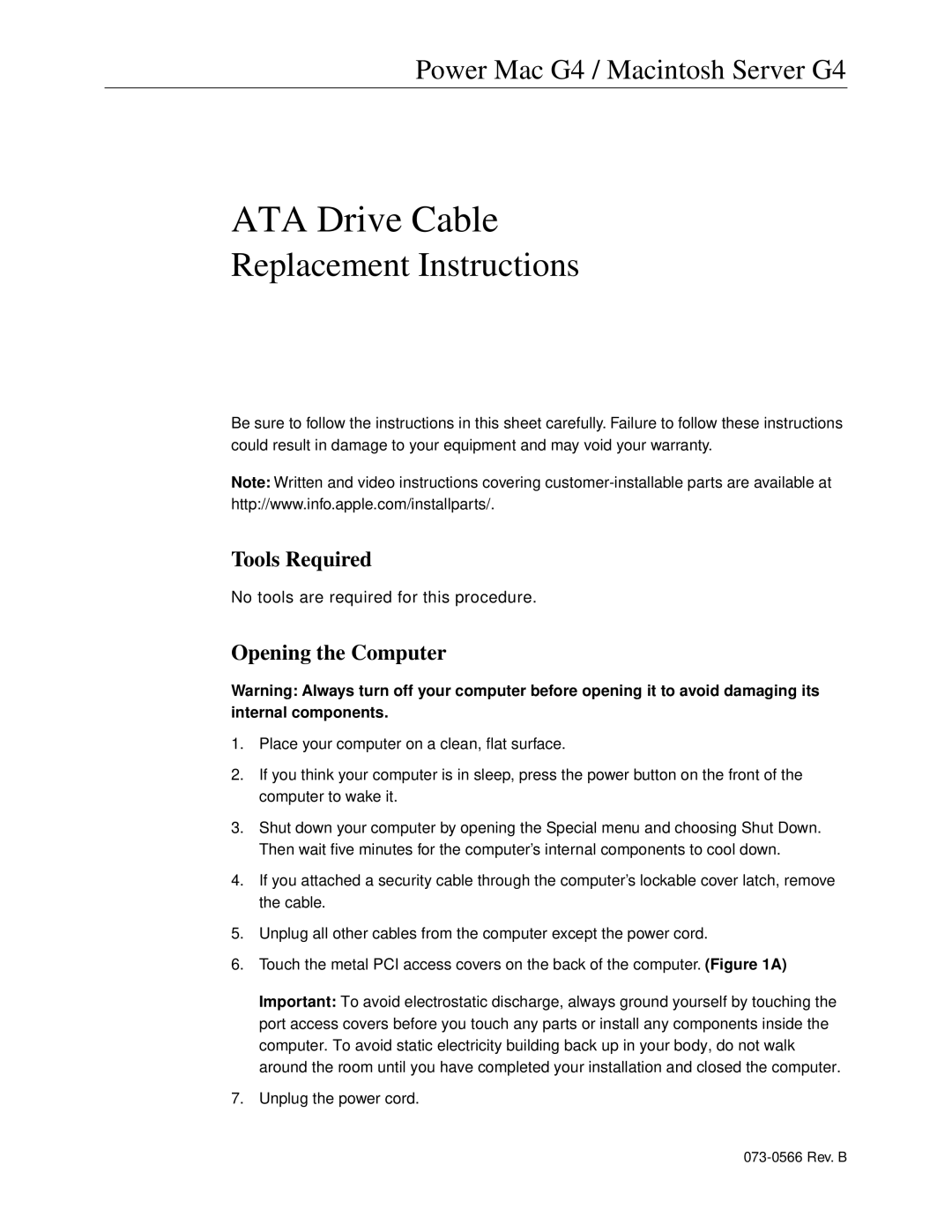 Apple ATA Drive Cable warranty Tools Required, Opening the Computer 