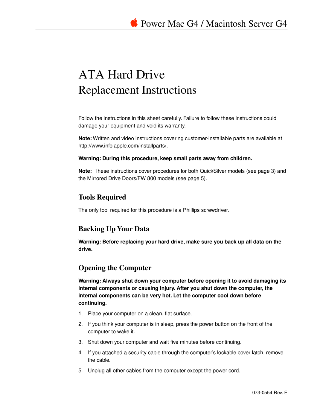 Apple ATA Hard Drive warranty Tools Required, Backing Up Your Data Opening the Computer 