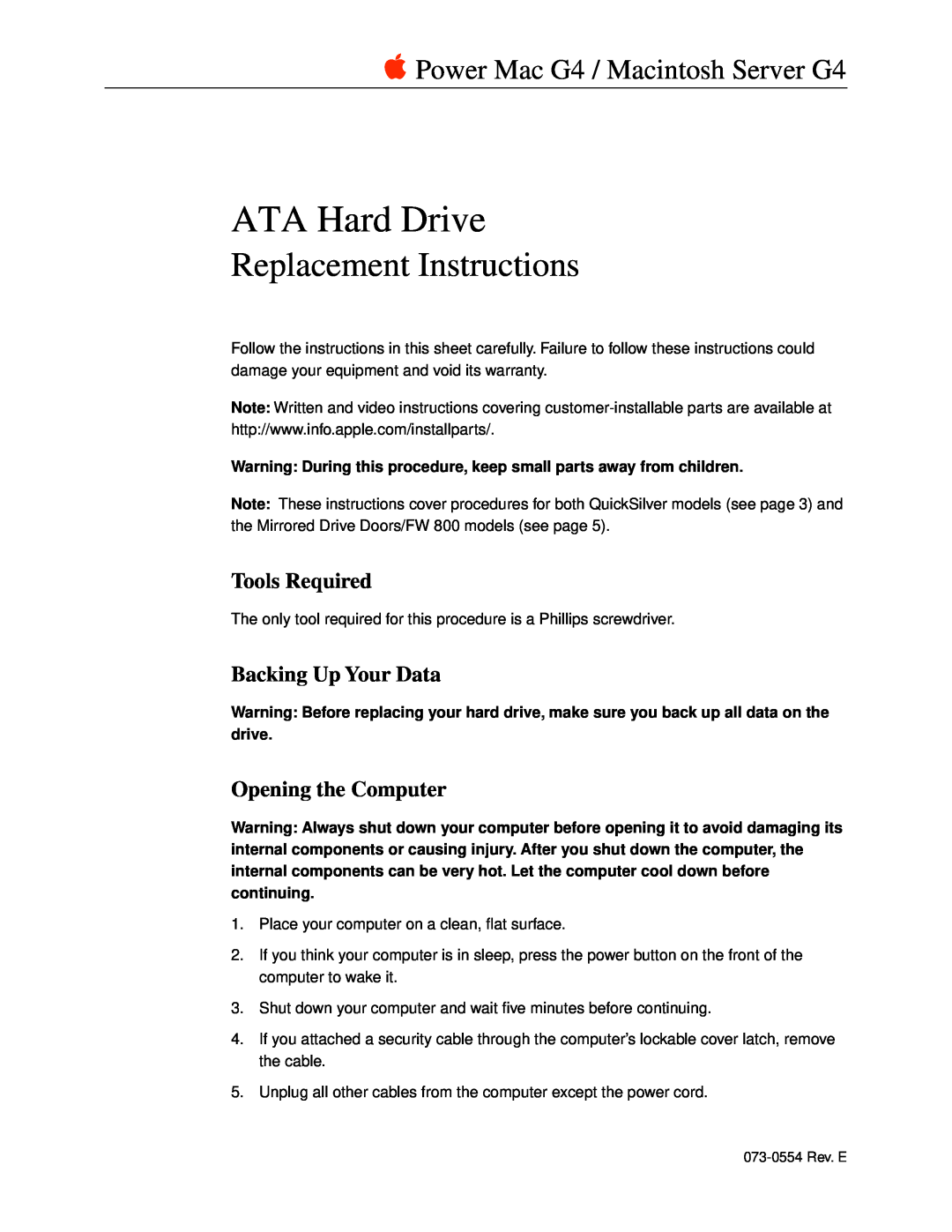 Apple ATA Hard Drive warranty Tools Required, Backing Up Your Data, Opening the Computer, Replacement Instructions 