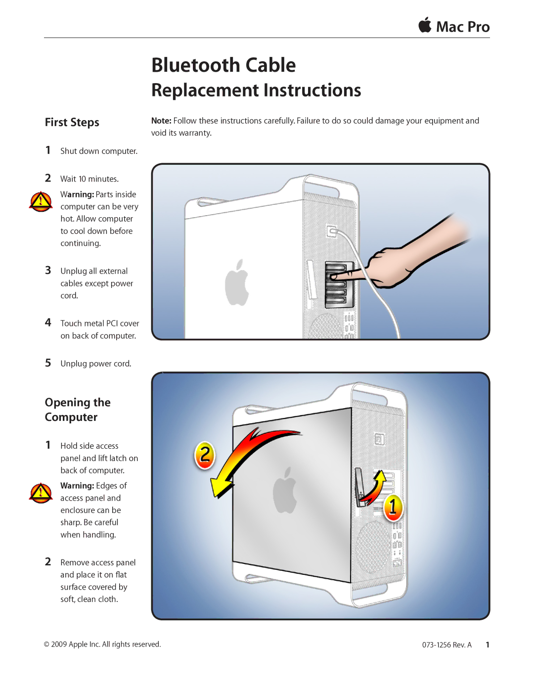 Apple Bluetooth Cable warranty First Steps, Opening Computer, Unplug power cord 