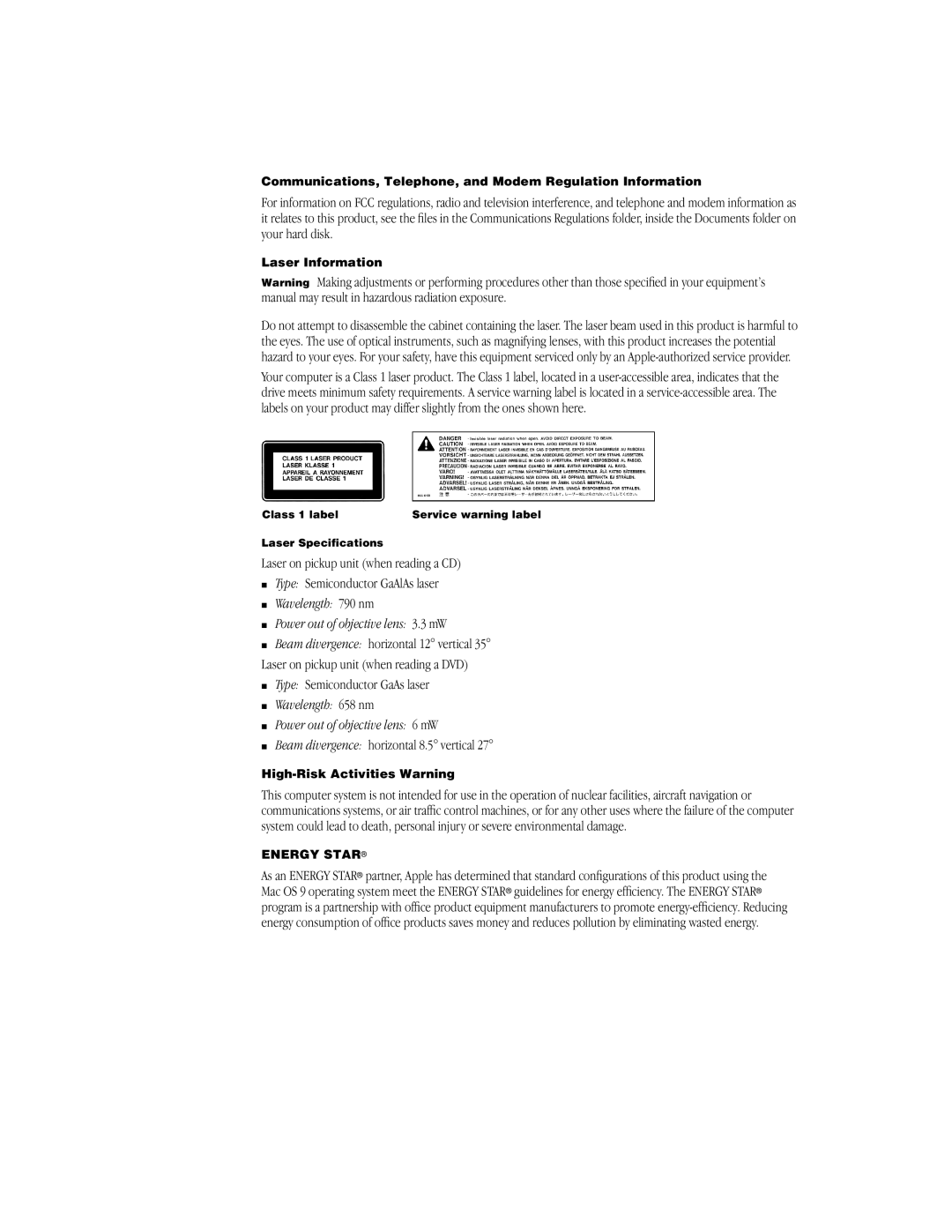 Apple BookG4 Computer manual Wavelength 790 nm Power out of objective lens 3.3 mW 