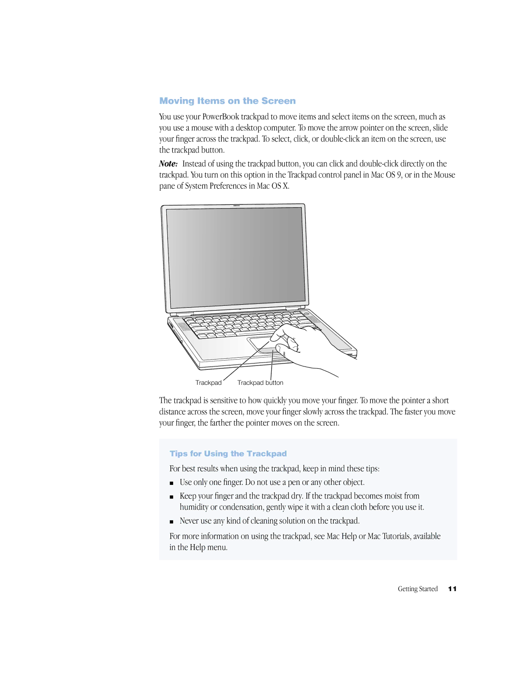 Apple BookG4 Computer manual Moving Items on the Screen, Tips for Using the Trackpad 