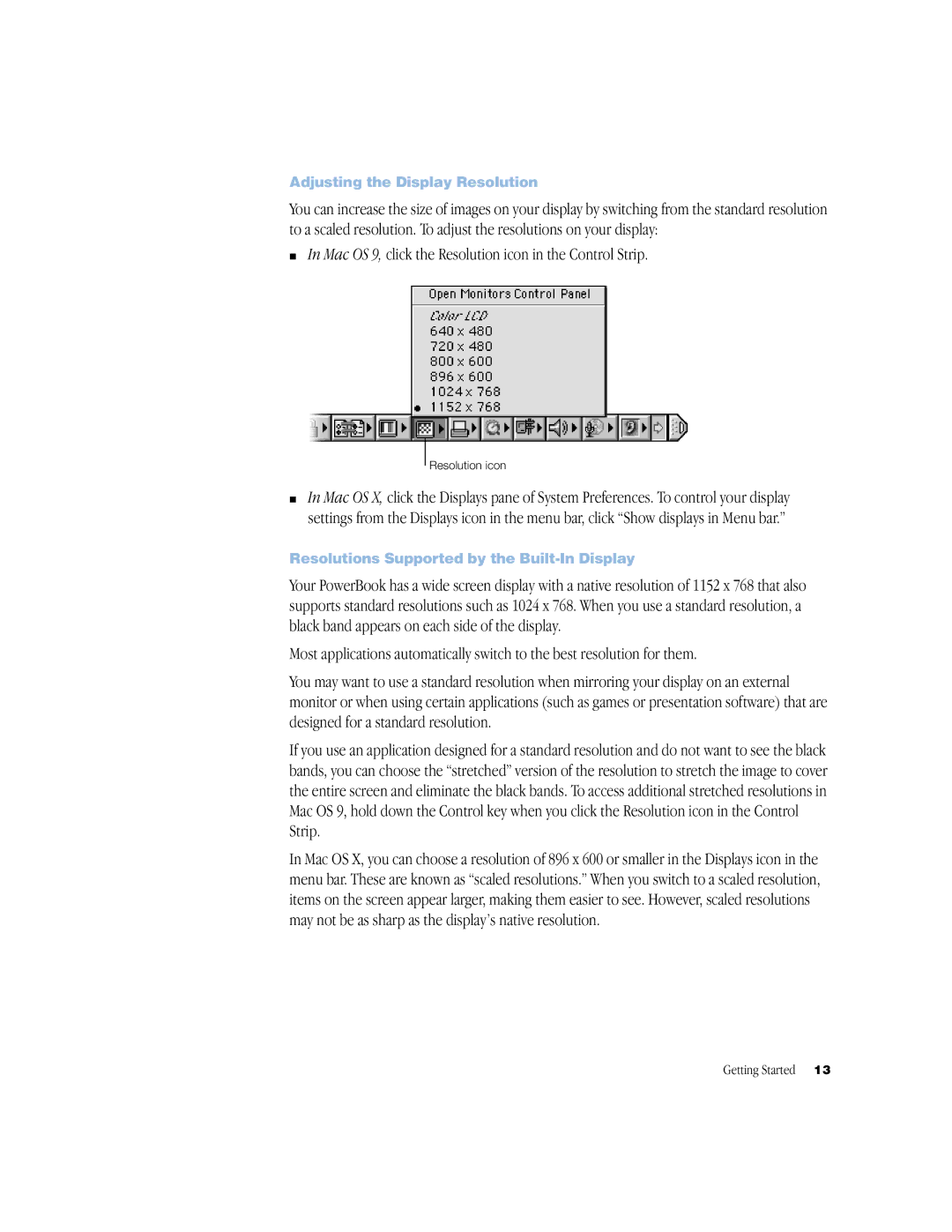 Apple BookG4 Computer manual Mac OS 9, click the Resolution icon in the Control Strip, Adjusting the Display Resolution 