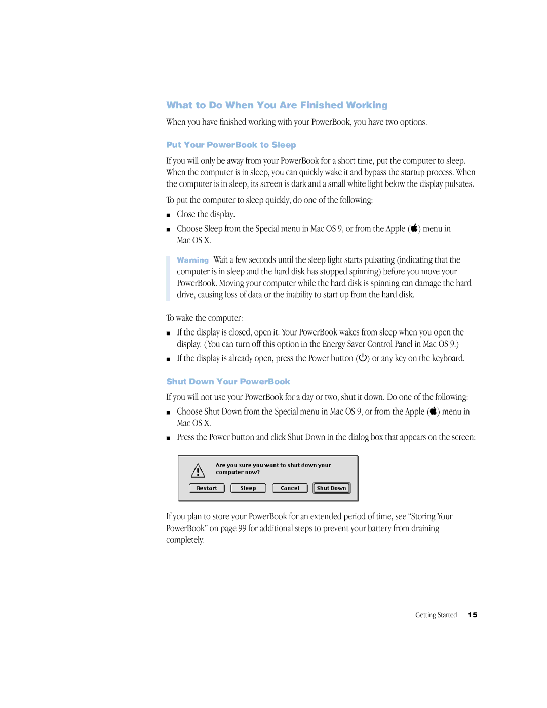 Apple BookG4 Computer What to Do When You Are Finished Working, Put Your PowerBook to Sleep, Shut Down Your PowerBook 