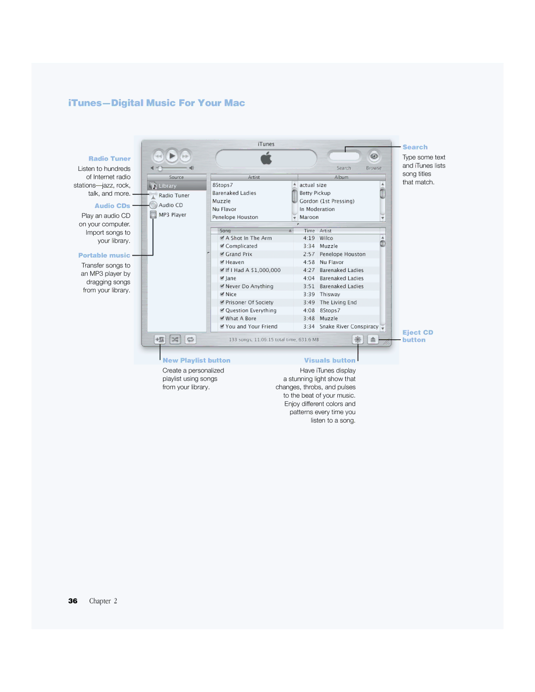 Apple BookG4 Computer manual ITunes-Digital Music For Your Mac, New Playlist button Visuals button 