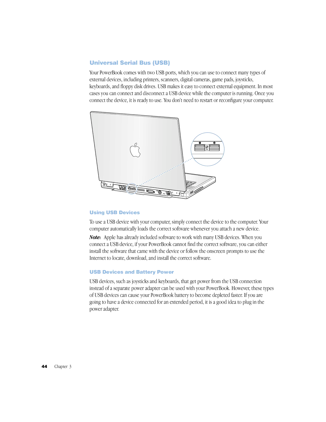 Apple BookG4 Computer manual Universal Serial Bus USB, Using USB Devices, USB Devices and Battery Power 