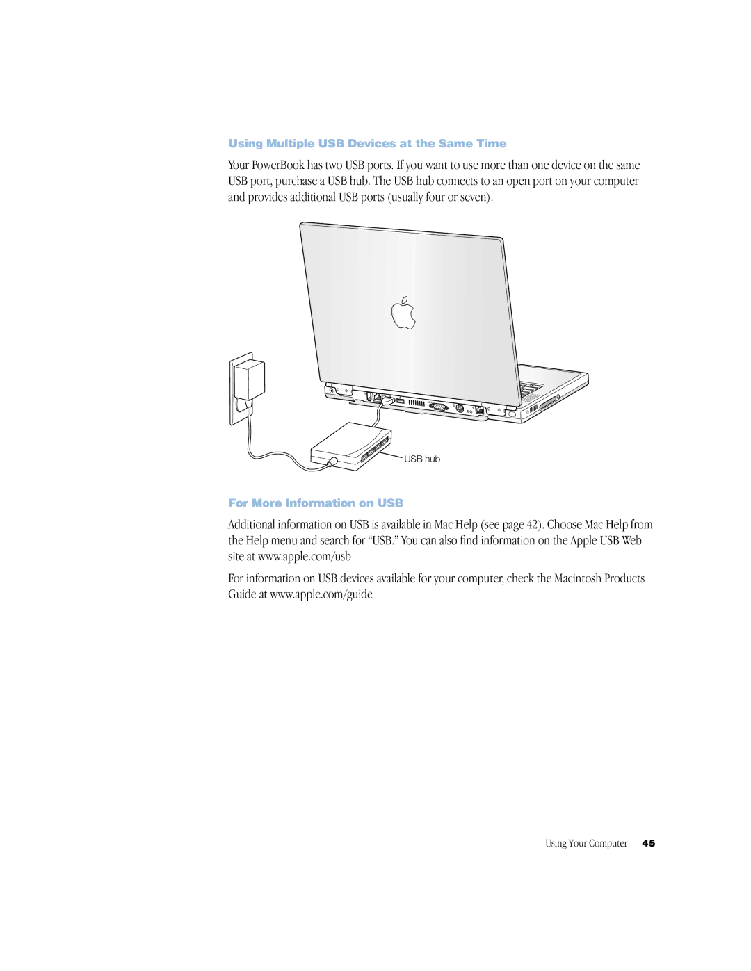 Apple BookG4 Computer manual Using Multiple USB Devices at the Same Time, For More Information on USB 