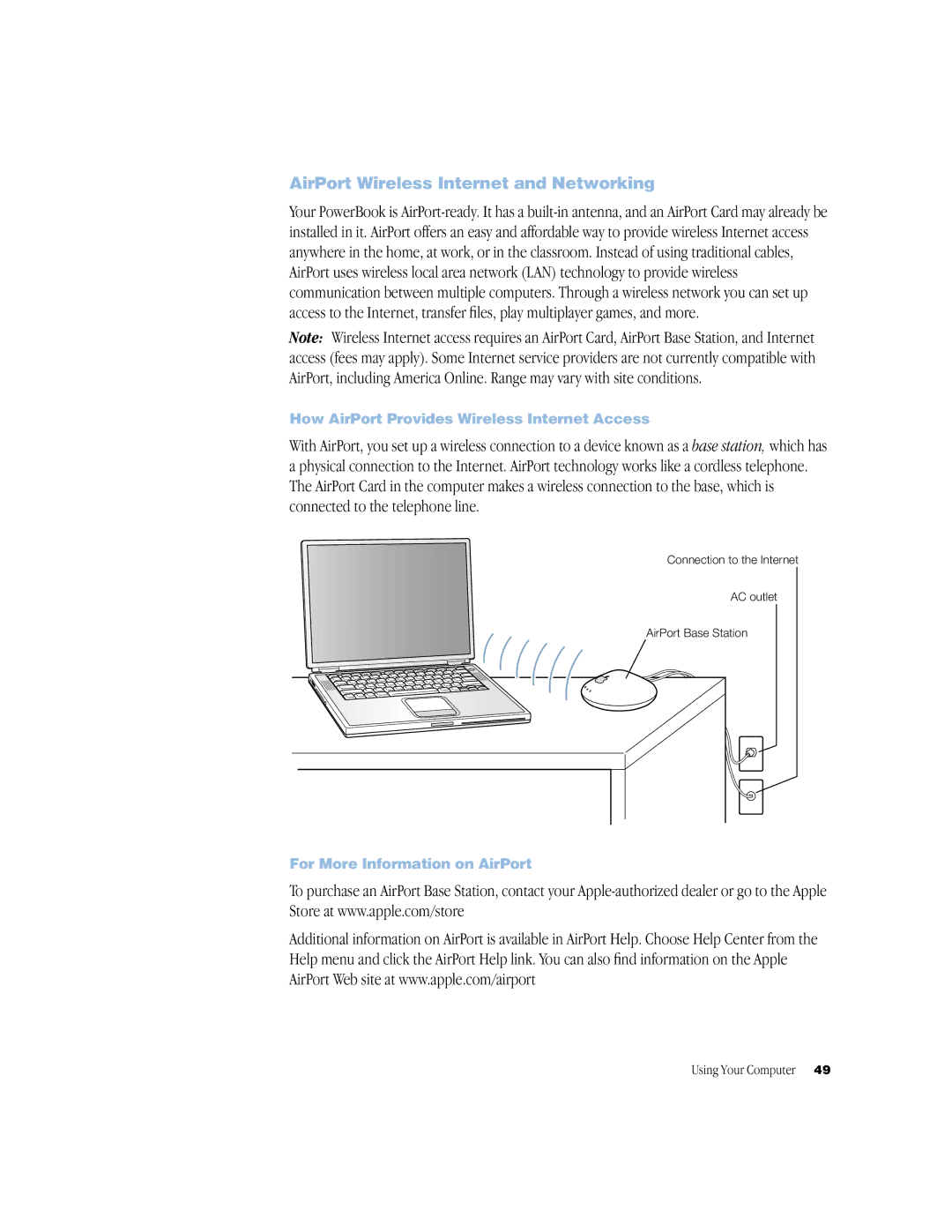 Apple BookG4 Computer manual AirPort Wireless Internet and Networking, How AirPort Provides Wireless Internet Access 