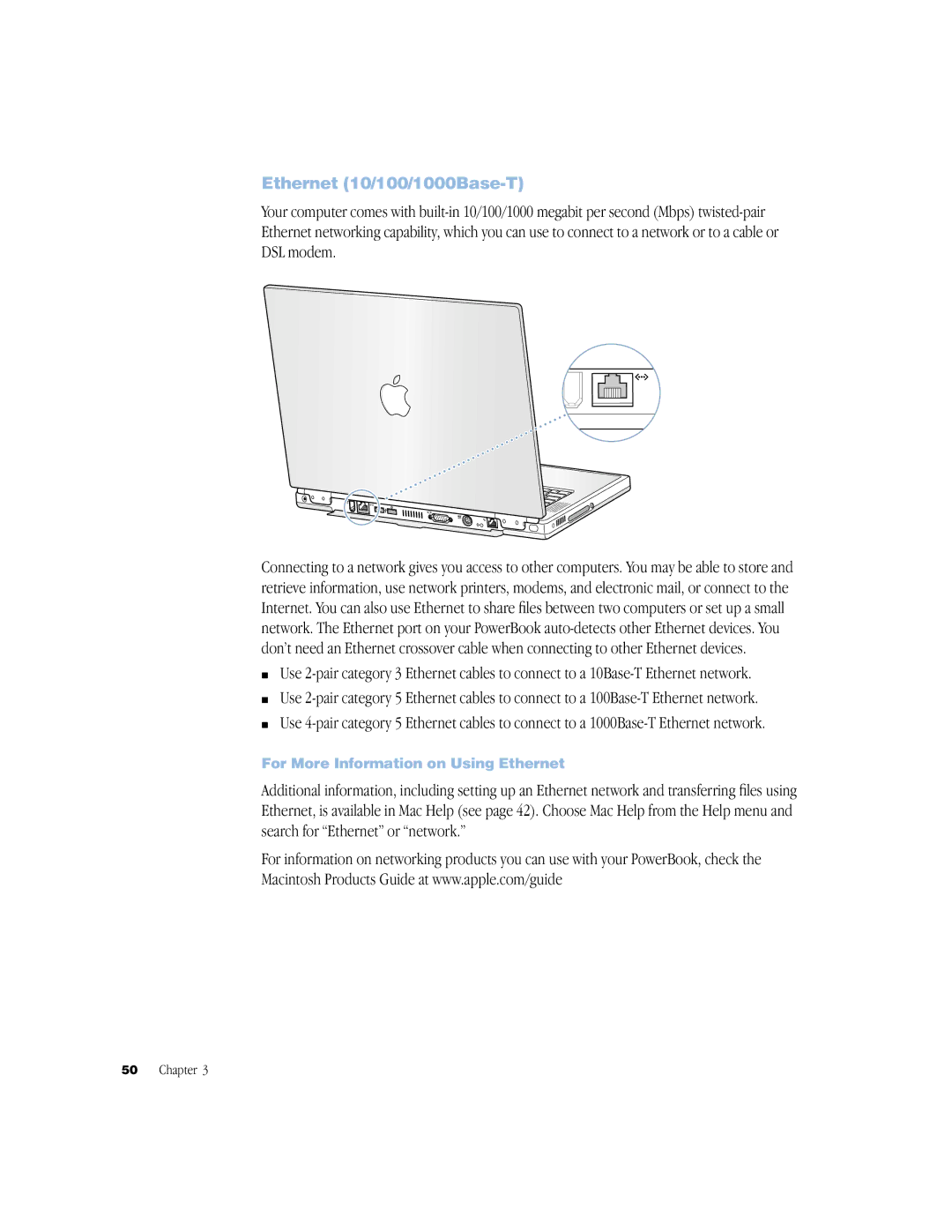 Apple BookG4 Computer manual Ethernet 10/100/1000Base-T, For More Information on Using Ethernet 