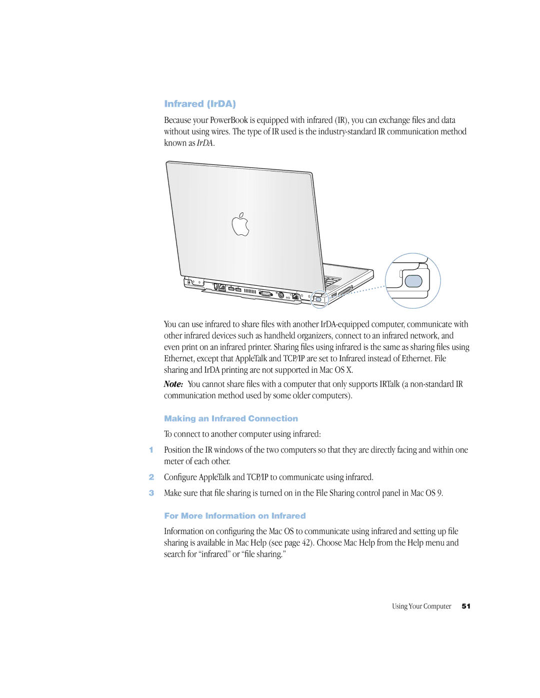 Apple BookG4 Computer manual Infrared IrDA, Making an Infrared Connection, For More Information on Infrared 