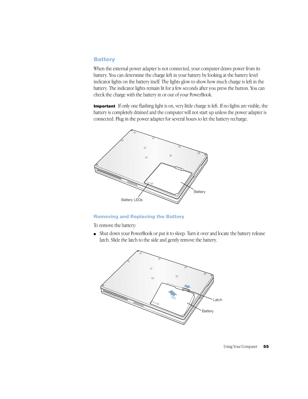 Apple BookG4 Computer manual To remove the battery, Removing and Replacing the Battery 