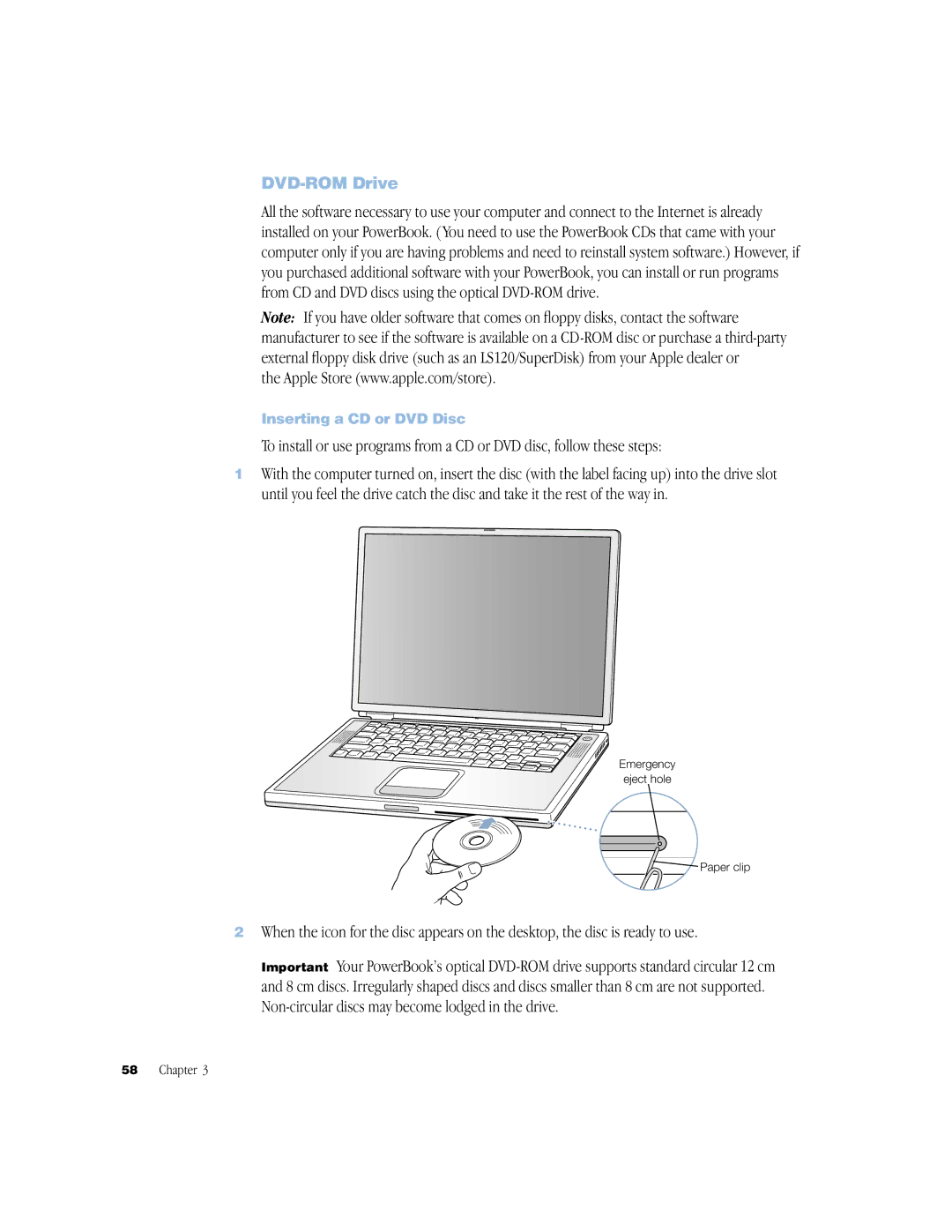 Apple BookG4 Computer manual DVD-ROM Drive, Inserting a CD or DVD Disc 