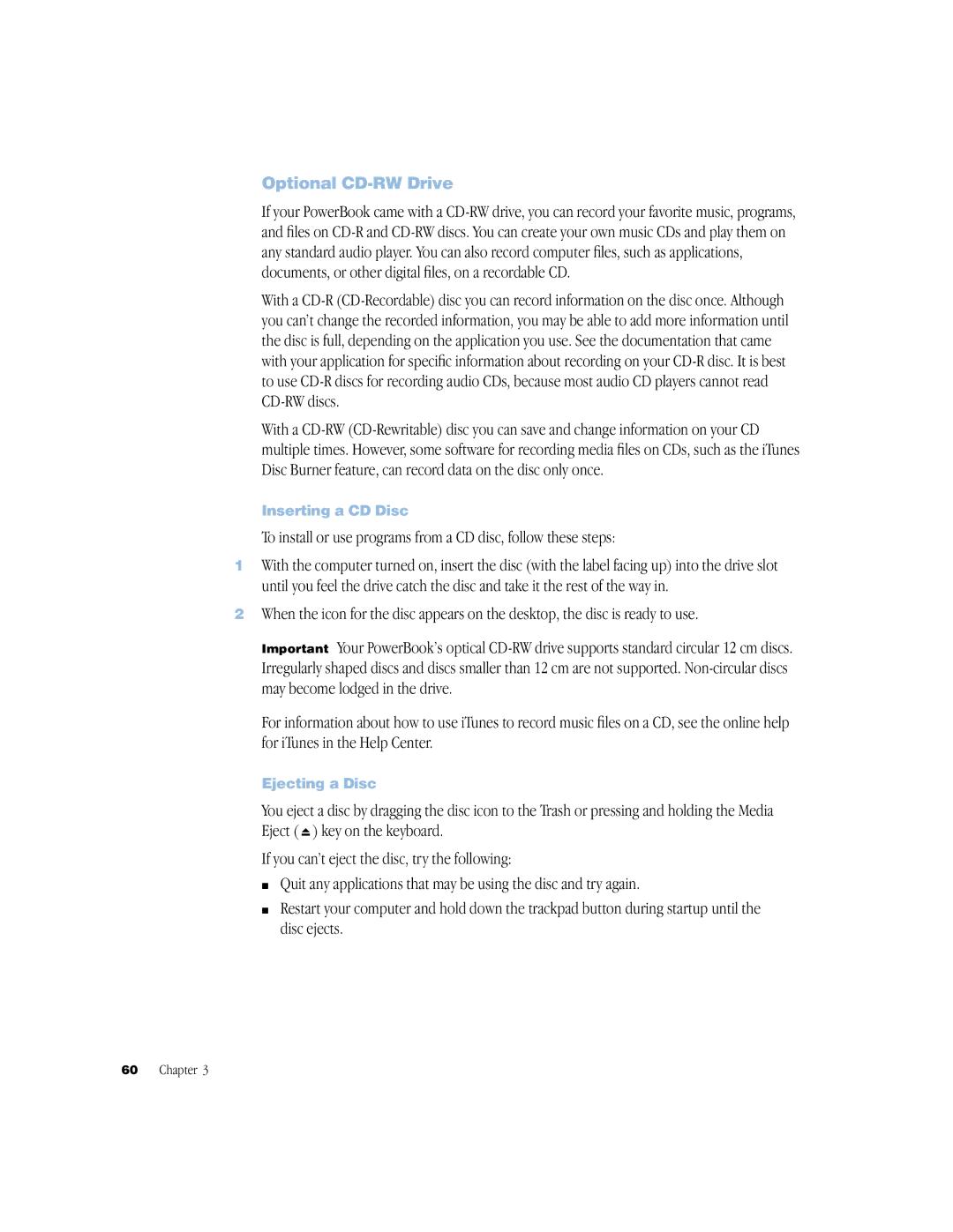 Apple BookG4 Computer manual Optional CD-RW Drive, Inserting a CD Disc 
