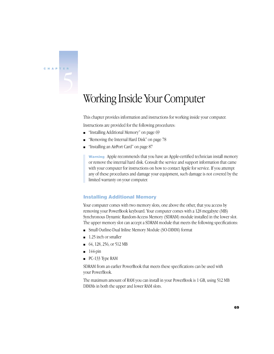 Apple BookG4 Computer manual Working Inside Your Computer, Installing Additional Memory 