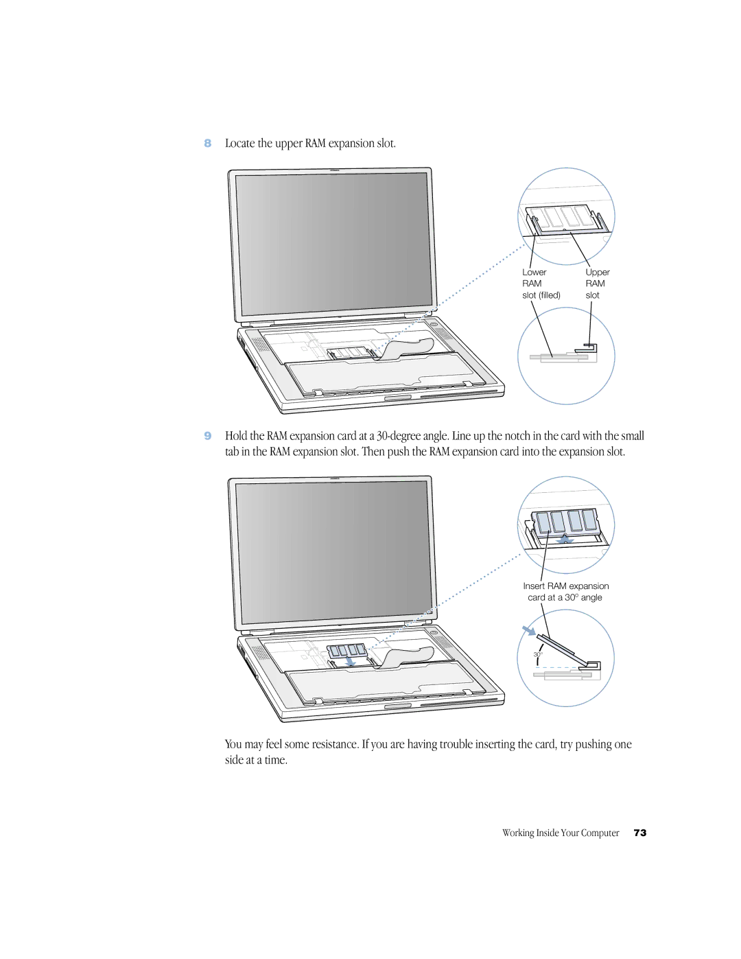 Apple BookG4 Computer manual Locate the upper RAM expansion slot 